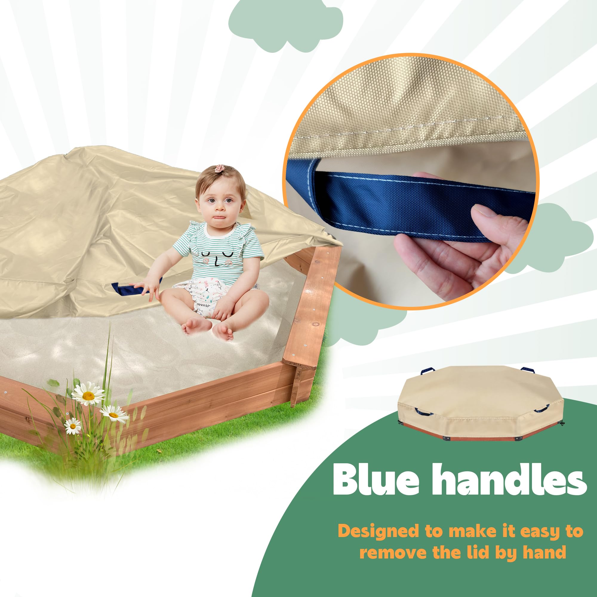 DUSTYPROTE Octagon Sandboxes Cover 420D Heavy Duty Children's Sandbox Protection,Outdoor Garden Outdoor Octagon Sand Box Cover (Khaki + Blue Handle 84" X 78" X 9")