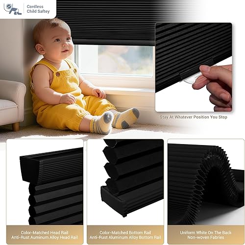 Miniatura 2 de Boolegon Persianas celulares opacas sin cordón, persianas celulares con aislamiento térmico para ventanas, color negro