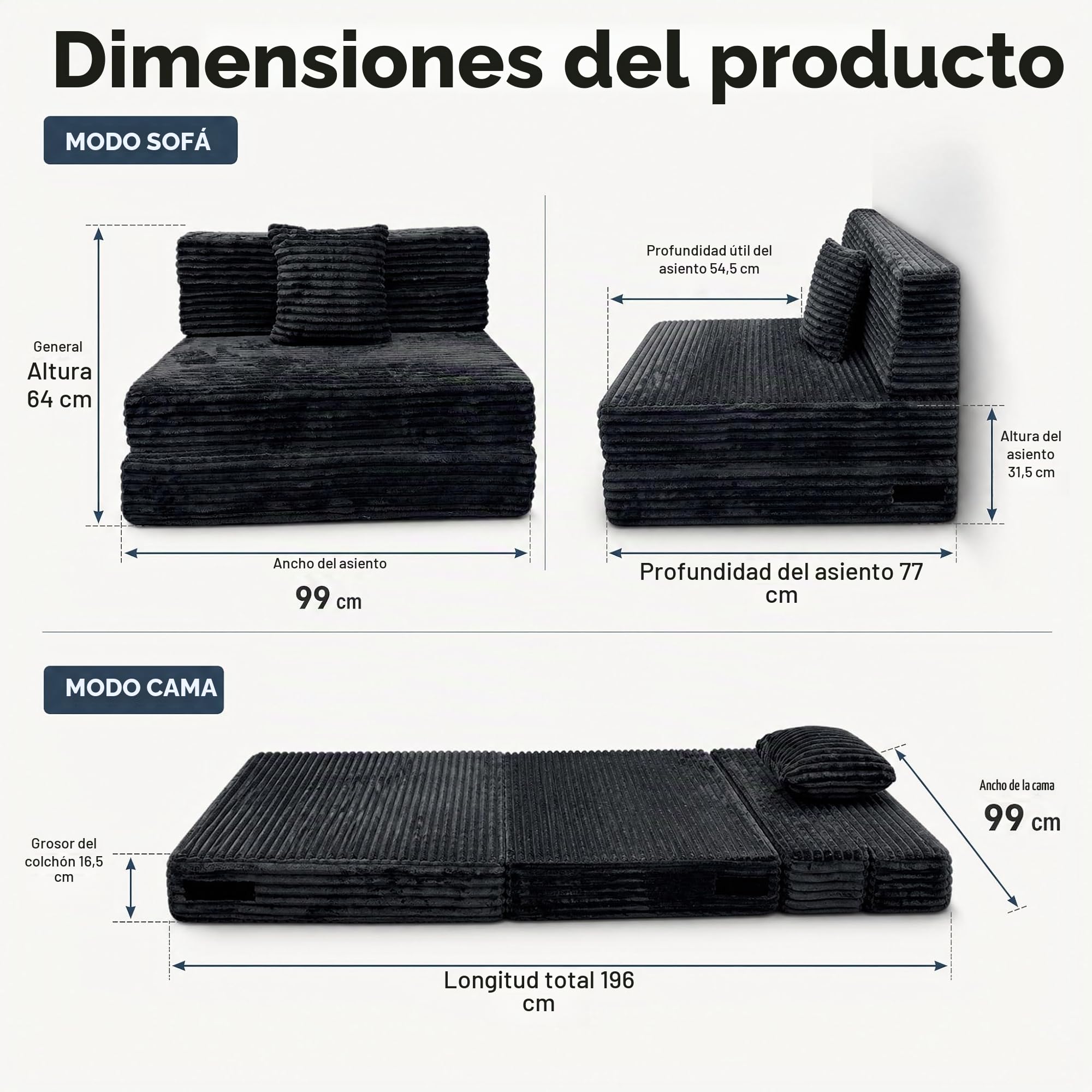 ANONER Sofá Cama Plegable 4 en 1, Gris Oscuro | espuma alta densidad integral, con cojín, fijación velcro, funda extraíble, 100x193cm, ideal para espacios pequeños