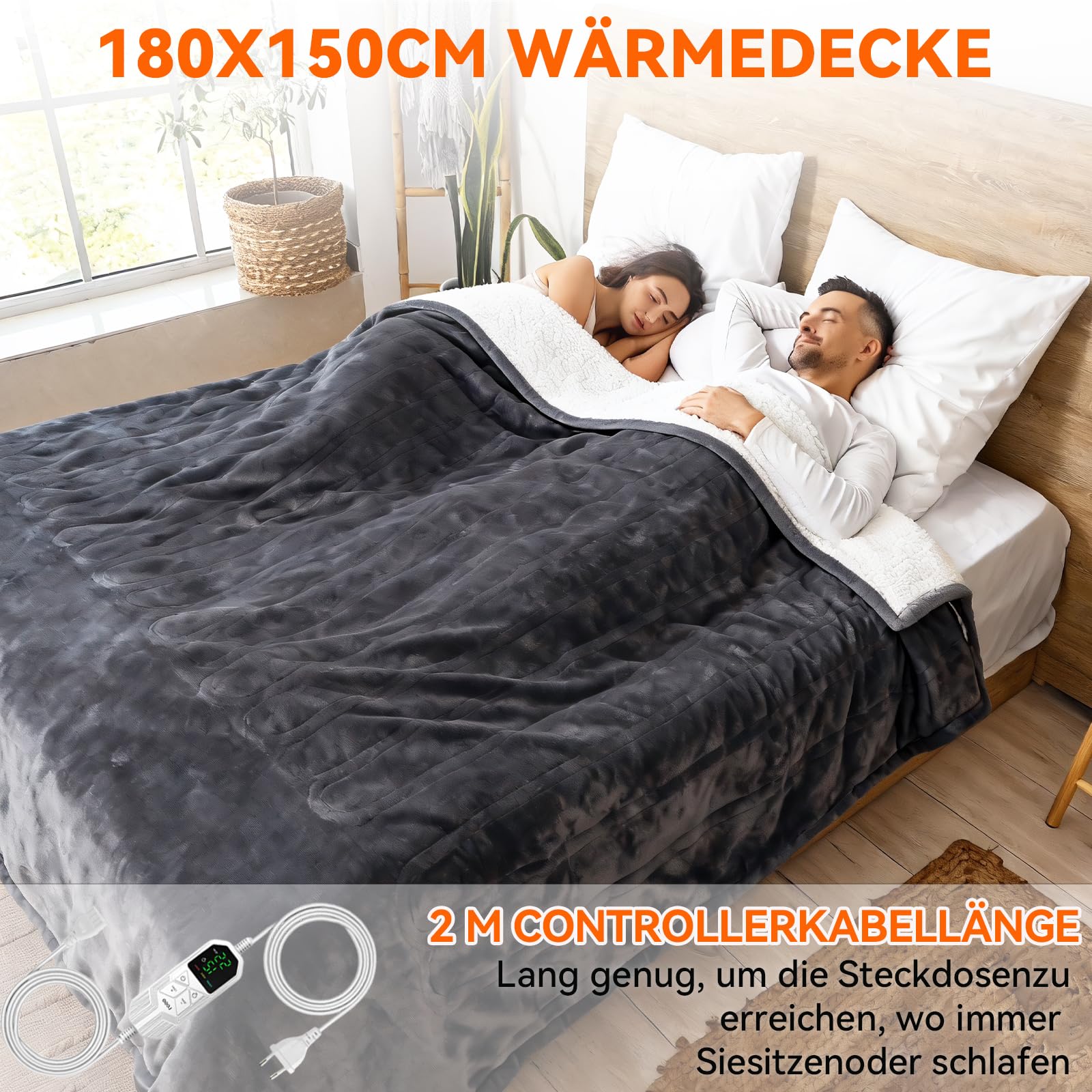 Warmfay Heizdecke mit Abschaltautomatik, 180 × 150 cm Flanell Elektrische Wärmedecke mit 8 Heizstufen & 1-12 Stunden Timer, Überhitzungsschutz, Waschbar Kuscheldecke für Bett & Sofa - Dunkelgrau
