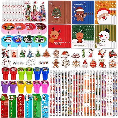 Grencian 168pcs Christmas Party Favors Stationery Set Gift for Kids Exchange Gfits Class Reward for Classroom Students Carnival Events Gift