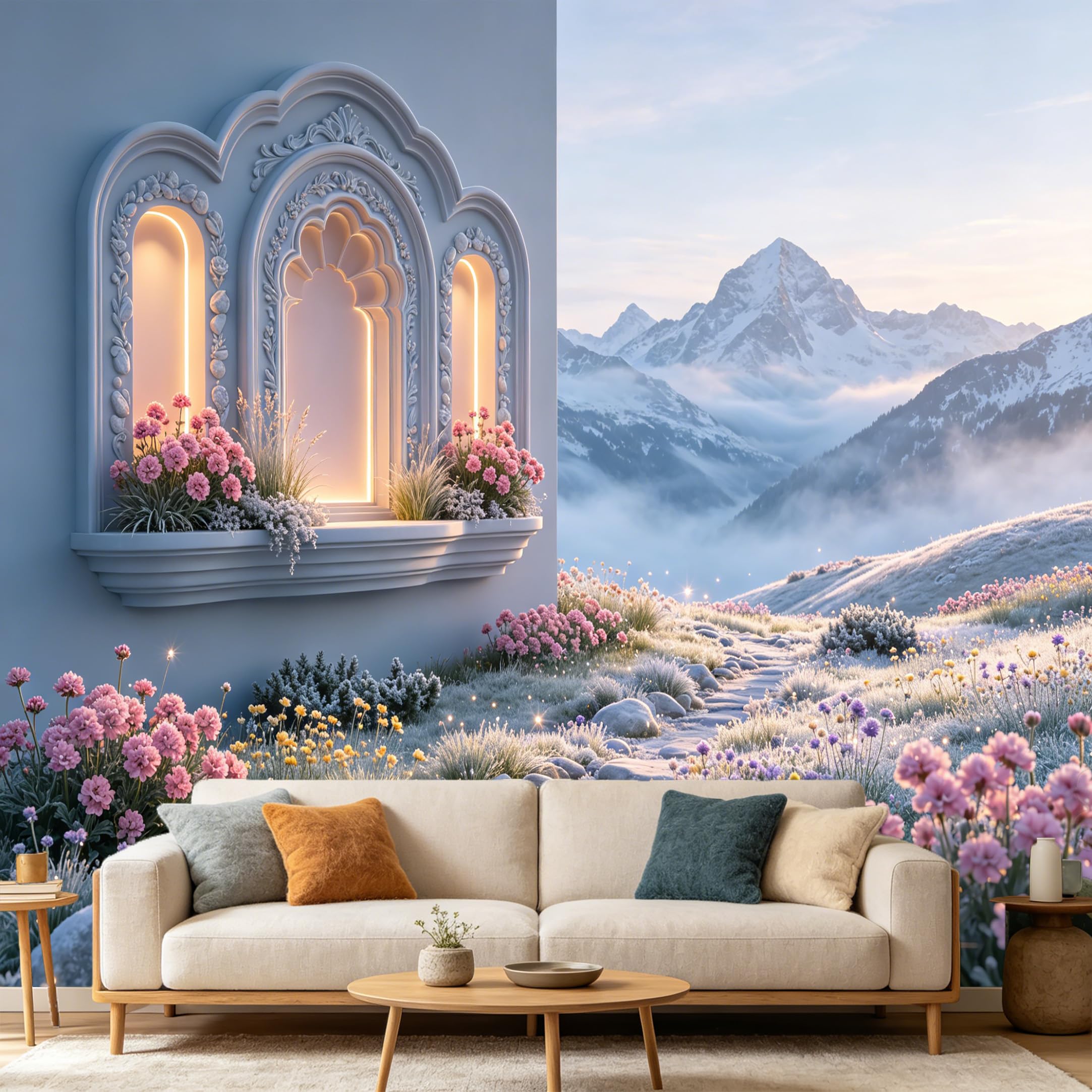 Custom Size Wall Mural， 3D Window View Snow Mountain Peak Floral Meadow Landscape， SelfAdhesive Art Prints wall Fabric Removable Large Wallpaper Home Living Room Decor