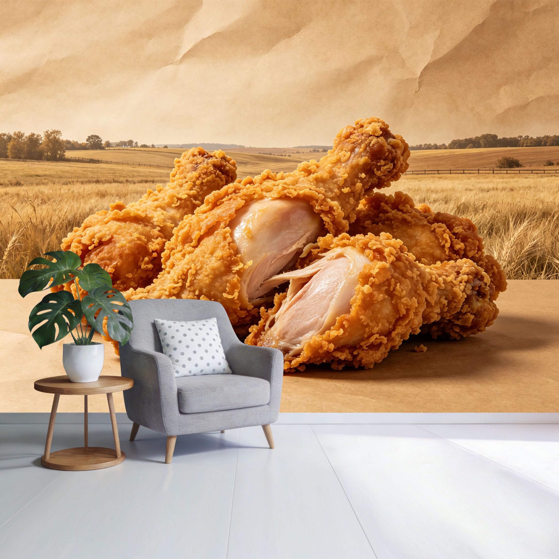 Custom Size Wall Mural Golden Fried Chicken Drumsticks Rustic Farm Field Landscape Food Photography Style SelfAdhesive Wall Fabric Removable Wallpaper for Home Office Decor