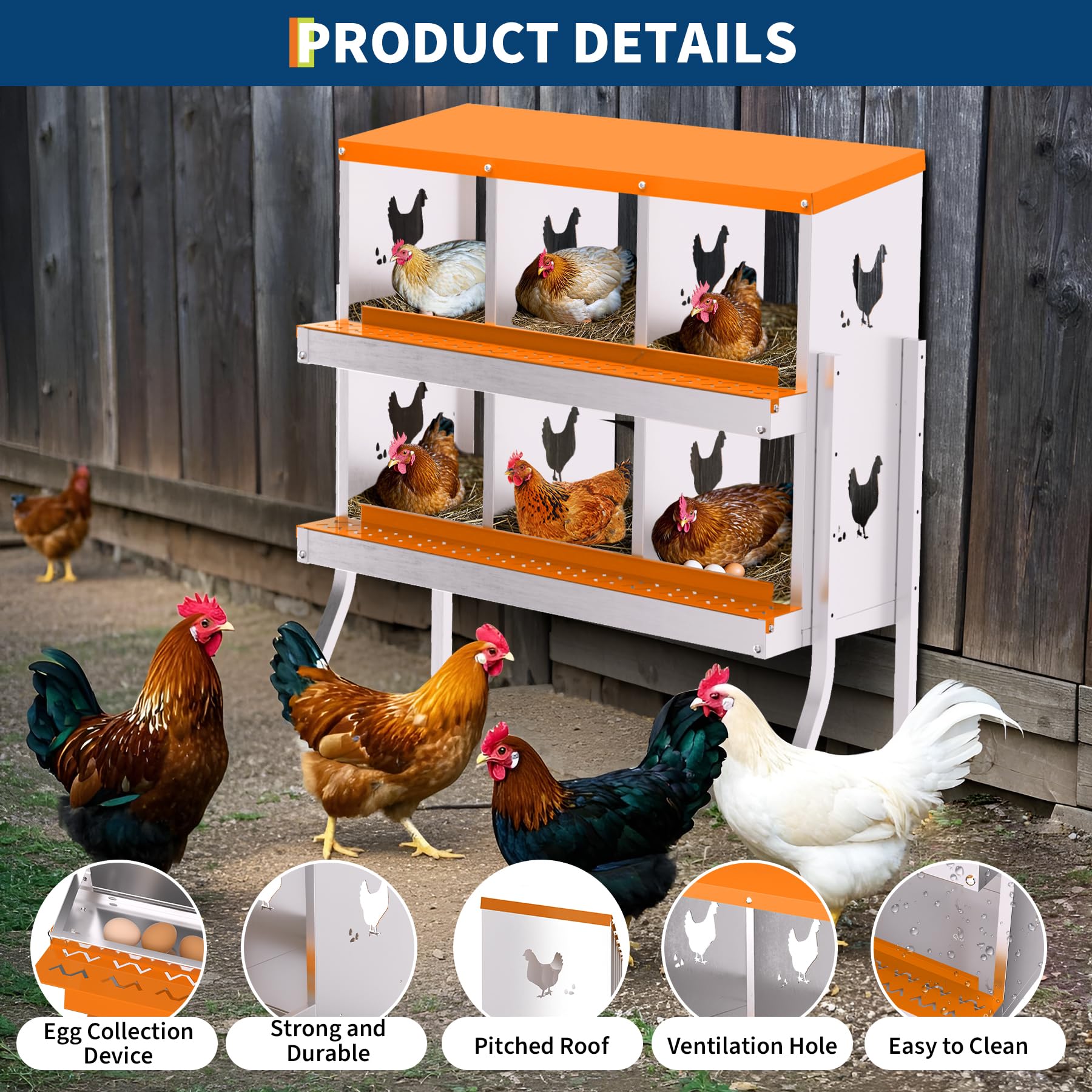 Garvee Nido per Galline Ovaiole a 6 Scomparti, Cassetta Nido in Acciaio Zincato con Supporto e Vassoio Estraibile, Design Roll-away per Raccolta Uova Sicura, Antiruggine e Durevole, Arancione