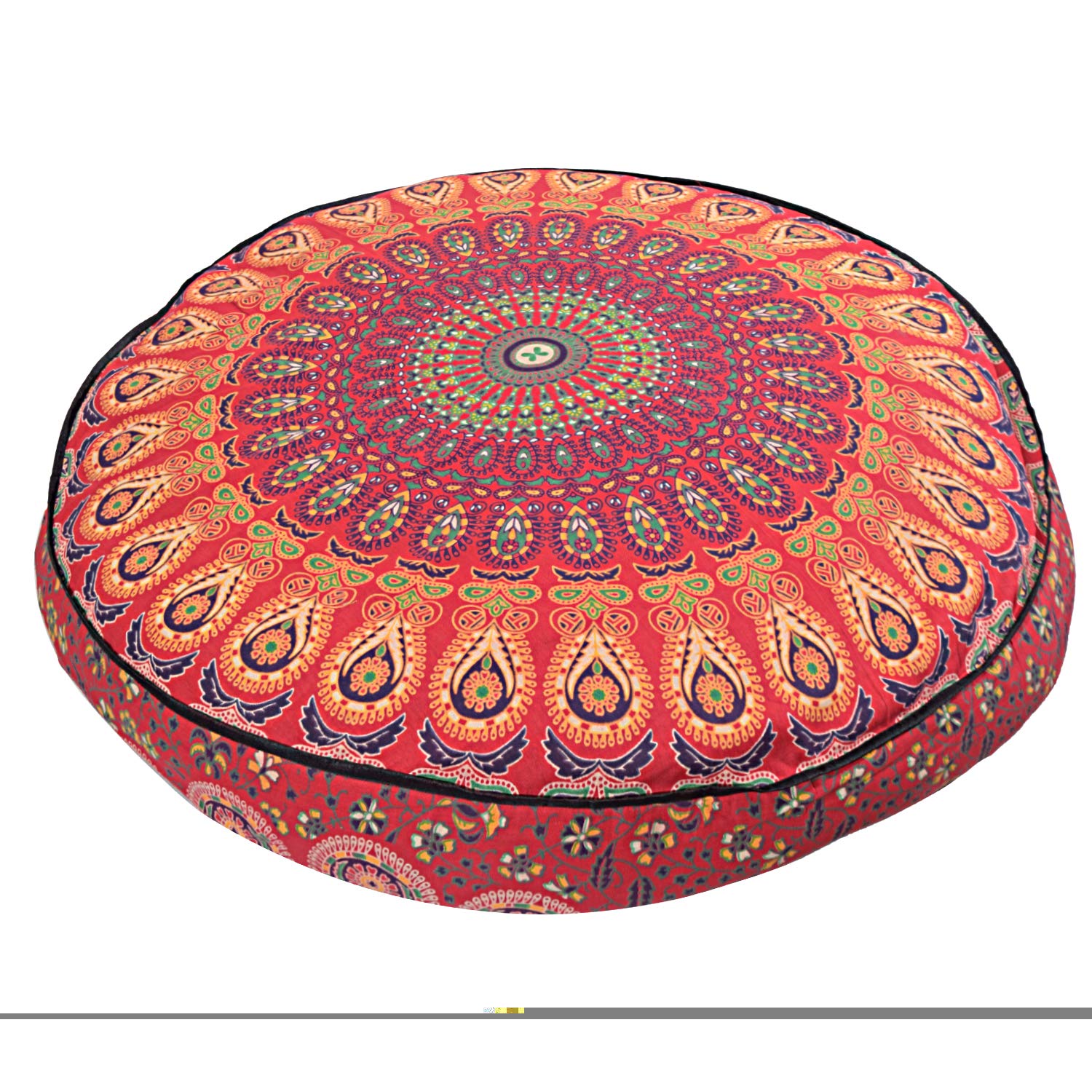 Shubhlaxmifashion Mandala Floor Pillow Cushion Seating Throw Cover Hippie Decorative Bohemian Ottoman Poufs, Pom Pom Pillow Cases,Boho Indian (35x35 Inch, red)