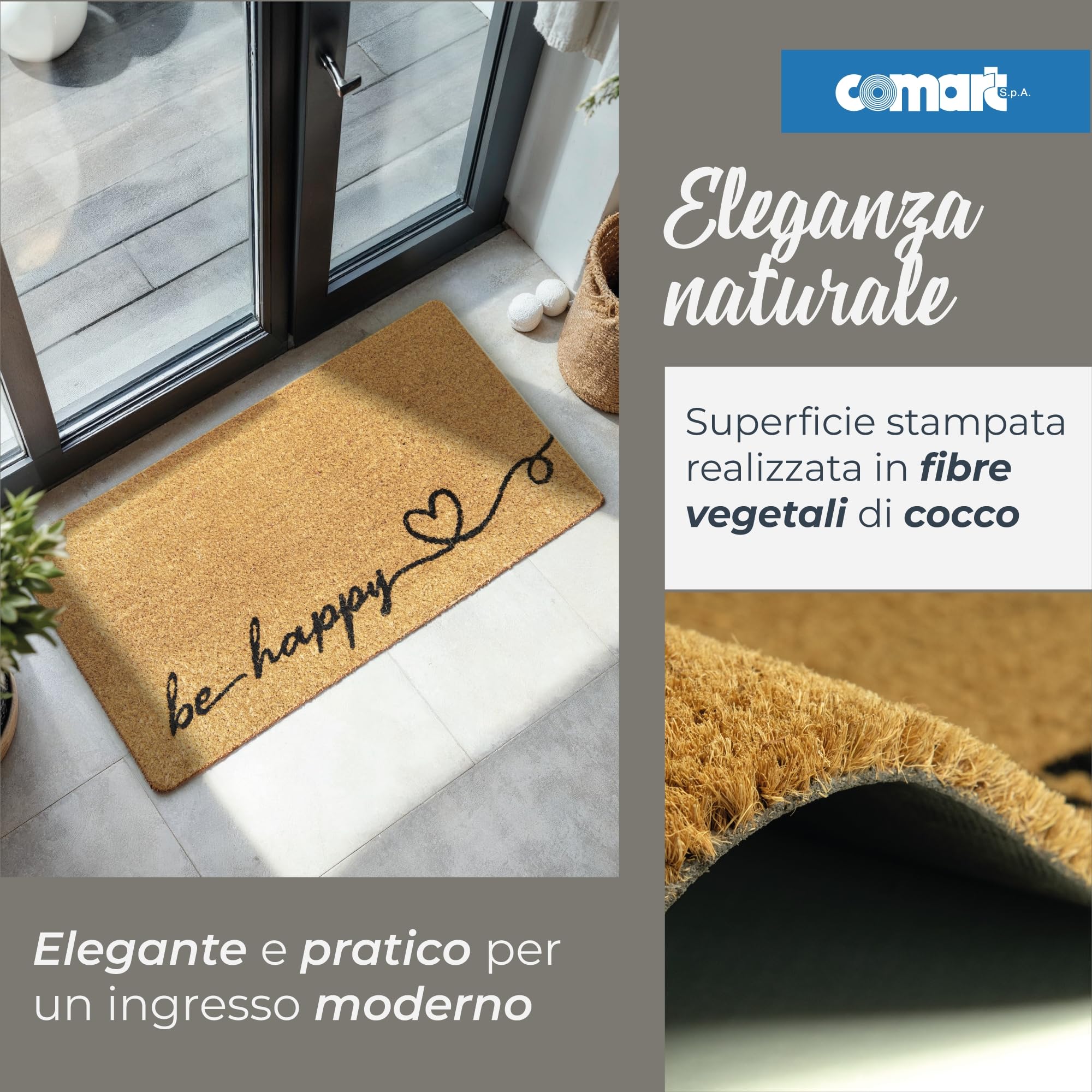 Comart - Zerbino Stay in Cocco - 40x70 cm - Tappeto Aciugapassi - per Ingresso Esterno e Interno - Antiscivolo - Antipioggia - Zerbino Fuori Porta - Facile da Pulire - Regalo per la Casa - Be Happy - 3