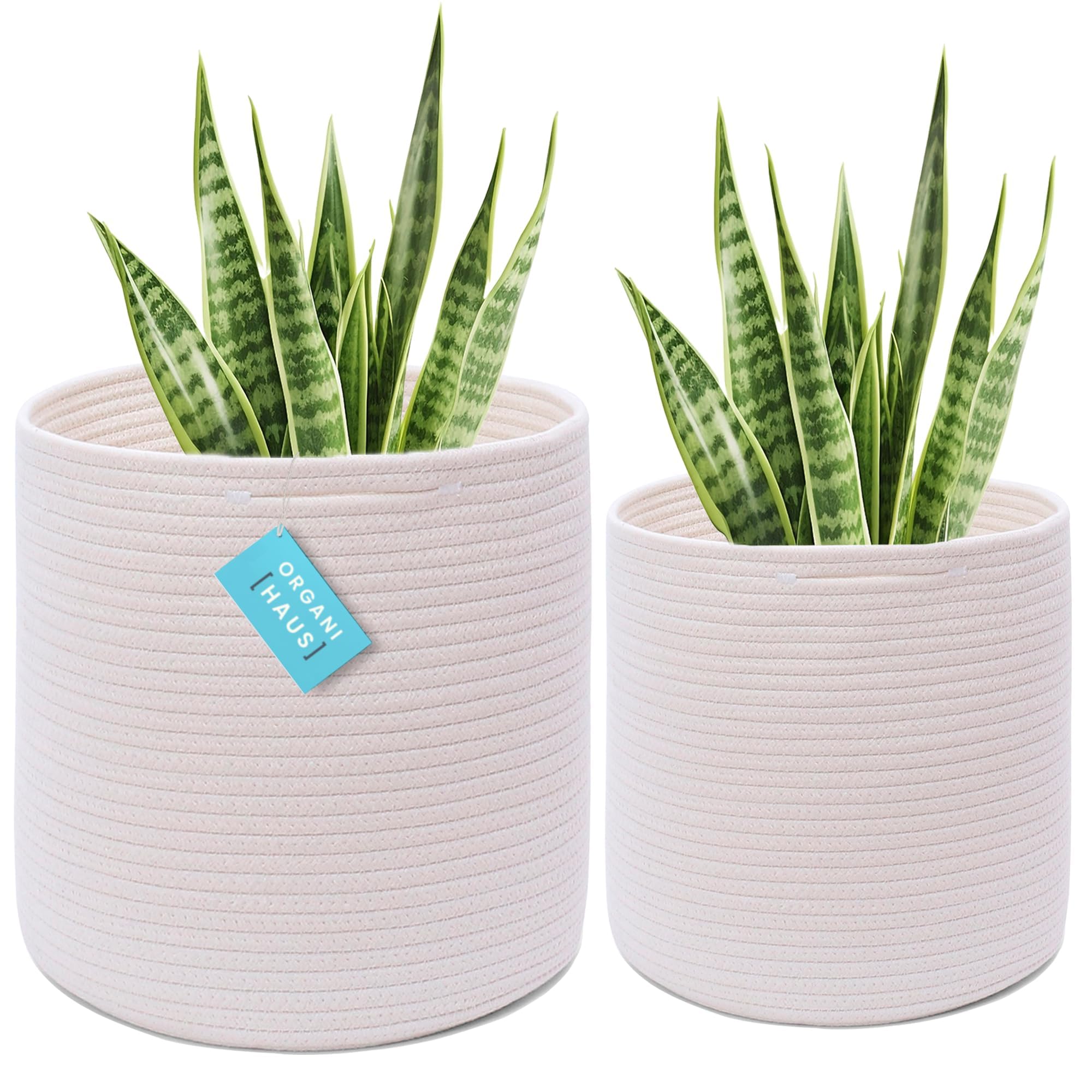 OrganiHaus Cesto Macetero Grande, 2 Unidades, Cesta Decorativa Estilo Boho Que Cubre Macetas, Cesta con Asa Oculta, Tiestos para Plantas de Interior Blanco