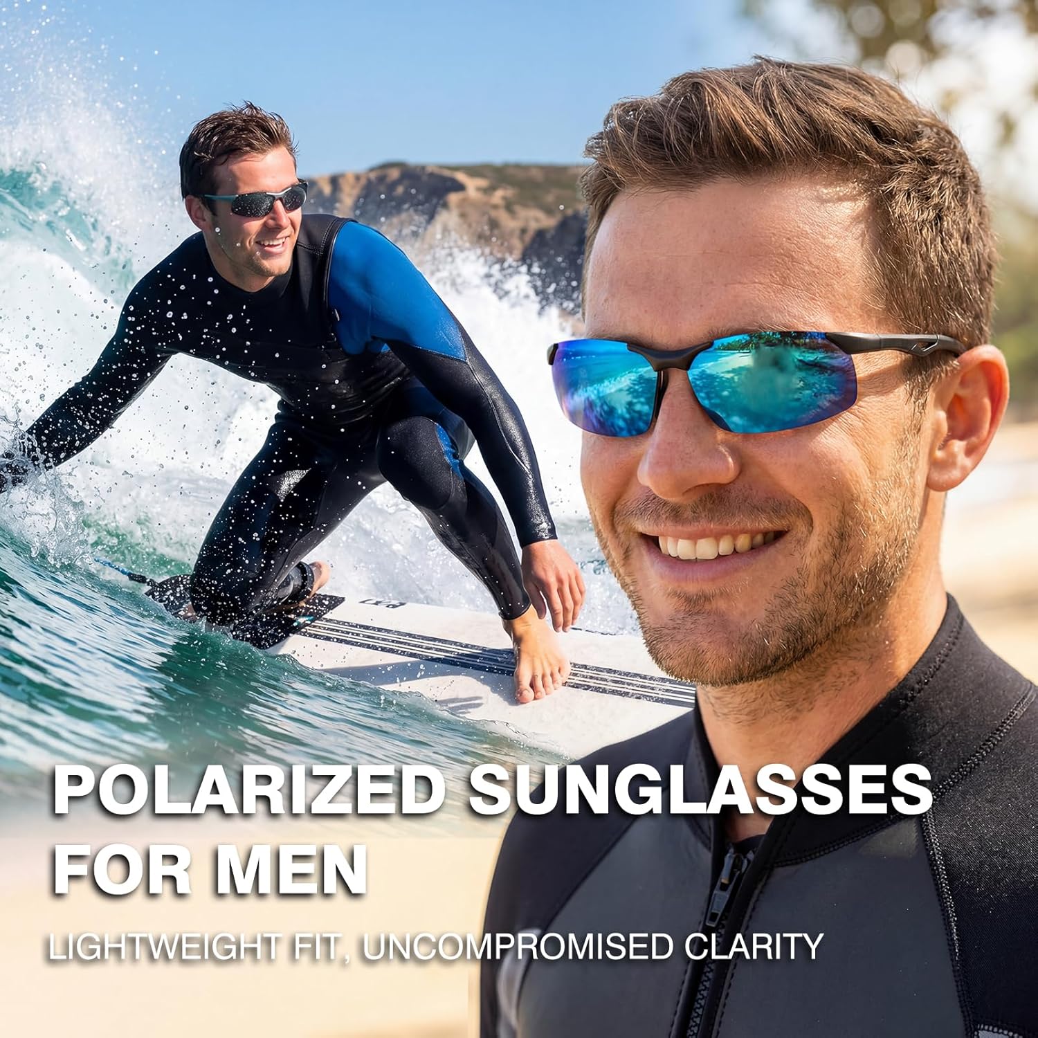 Polarized Anti Glare Sunglasses for Men, UV400 Sports Wrap Around Design, Scratch/Oil/Saltwater Resistant Lens