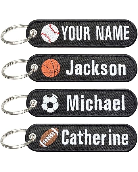Personalized Keychain, Customized Name Number Keychain with Basketball, Football, Soccer, Baseball, Double Side Embroidery Text Gift Key Tags, Sports Key Chains for Teams Coaches Kids Backpacks Keys