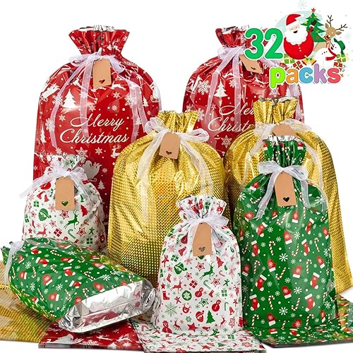 Asoulin Bolsas de regalo de Navidad con cordón y etiquetas, 32 bolsas de regalo de pie de varios tamaños, grandes, medianas y pequeñas, bolsas de