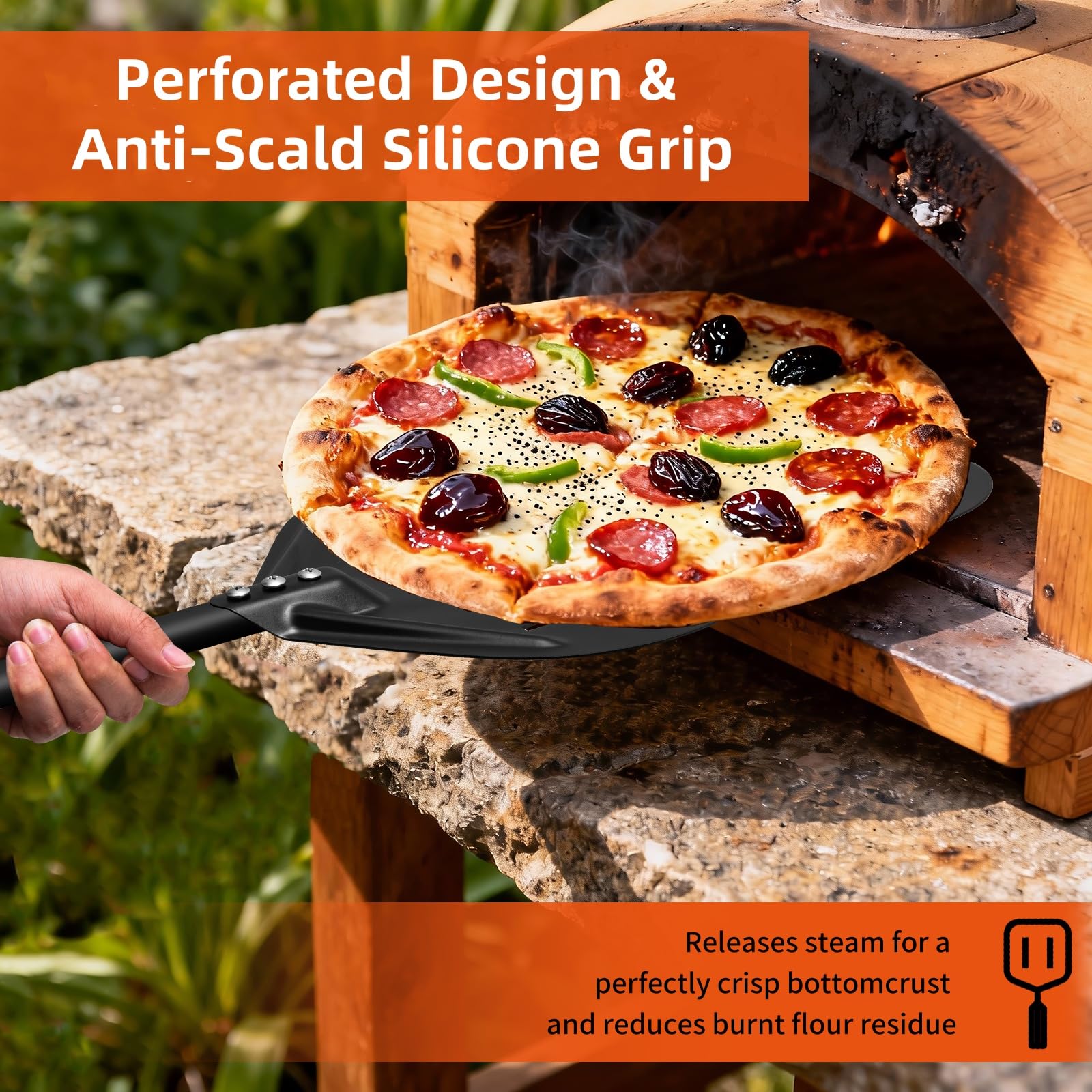 Łopatka do pizzy, zestaw perforowany, 30 cm, 15 cm, obracana do pizzy, odporna na wysokie temperatury, aluminiowa obieraczka z silikonowym uchwytem, nieprzywierająca, nadaje się do piekarników