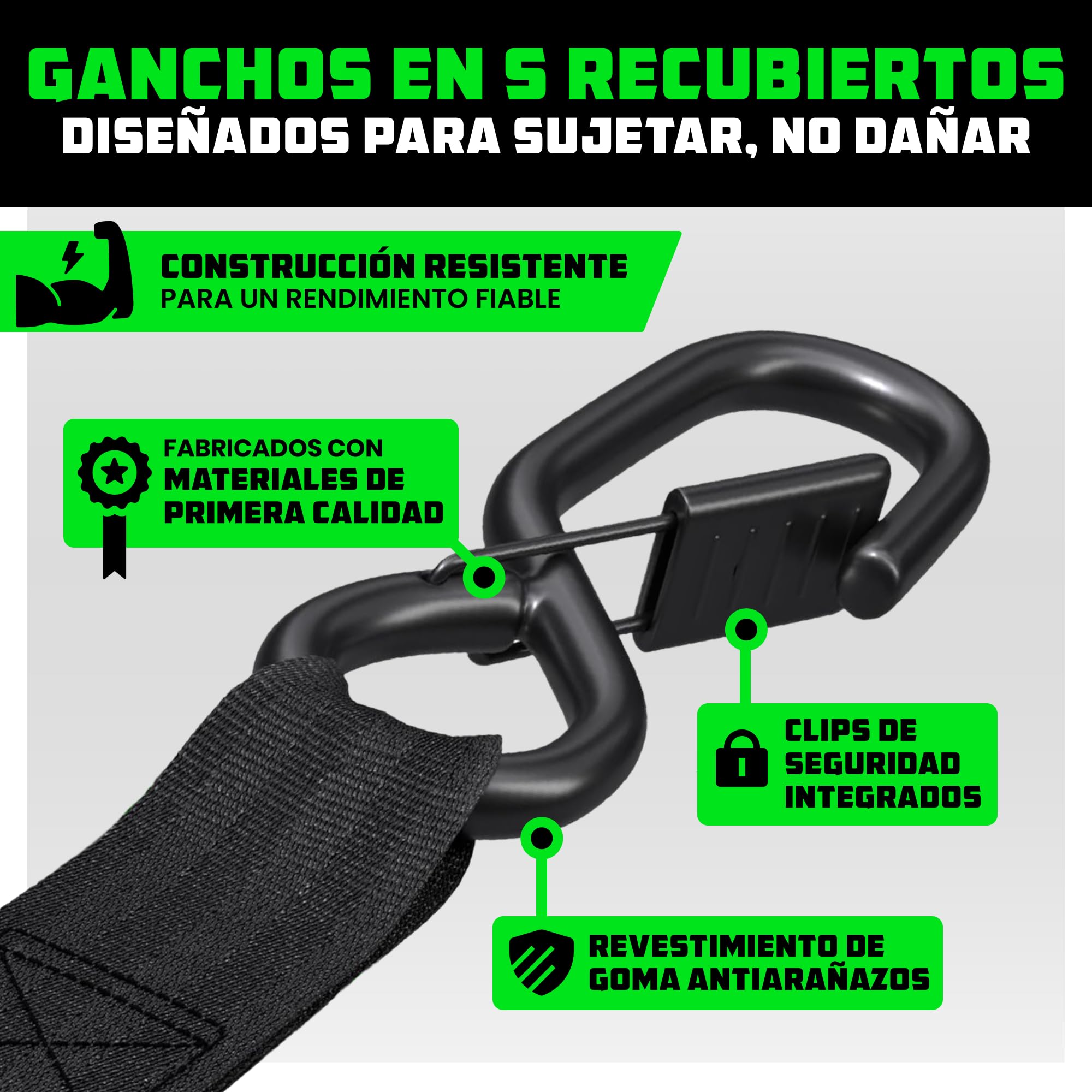 Rhino USA Correas de Carraca (4-Pack) - 2,5 cm x 4,6 m (800 kg de Resistencia de Rotura) - Correas de Amarre con Ganchos de Seguridad en S para Camiones, Carga, Mudanzas, Electrodomésticos - Negro