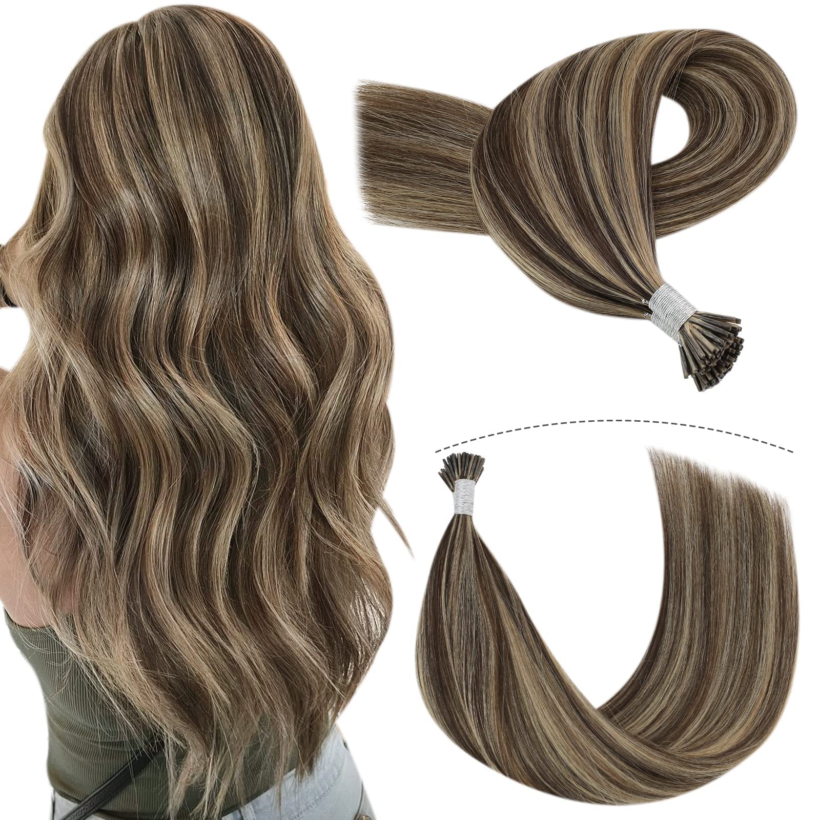 YoungSeeBrown Highlights I Tip Hair Extensions,Itips Hair Extensions Human Hair Dark Brown with Caramel Blonde Highlights Itip Human Hair Extensions Brown Pre Bonded Human Hair Extensions 16inch 50g