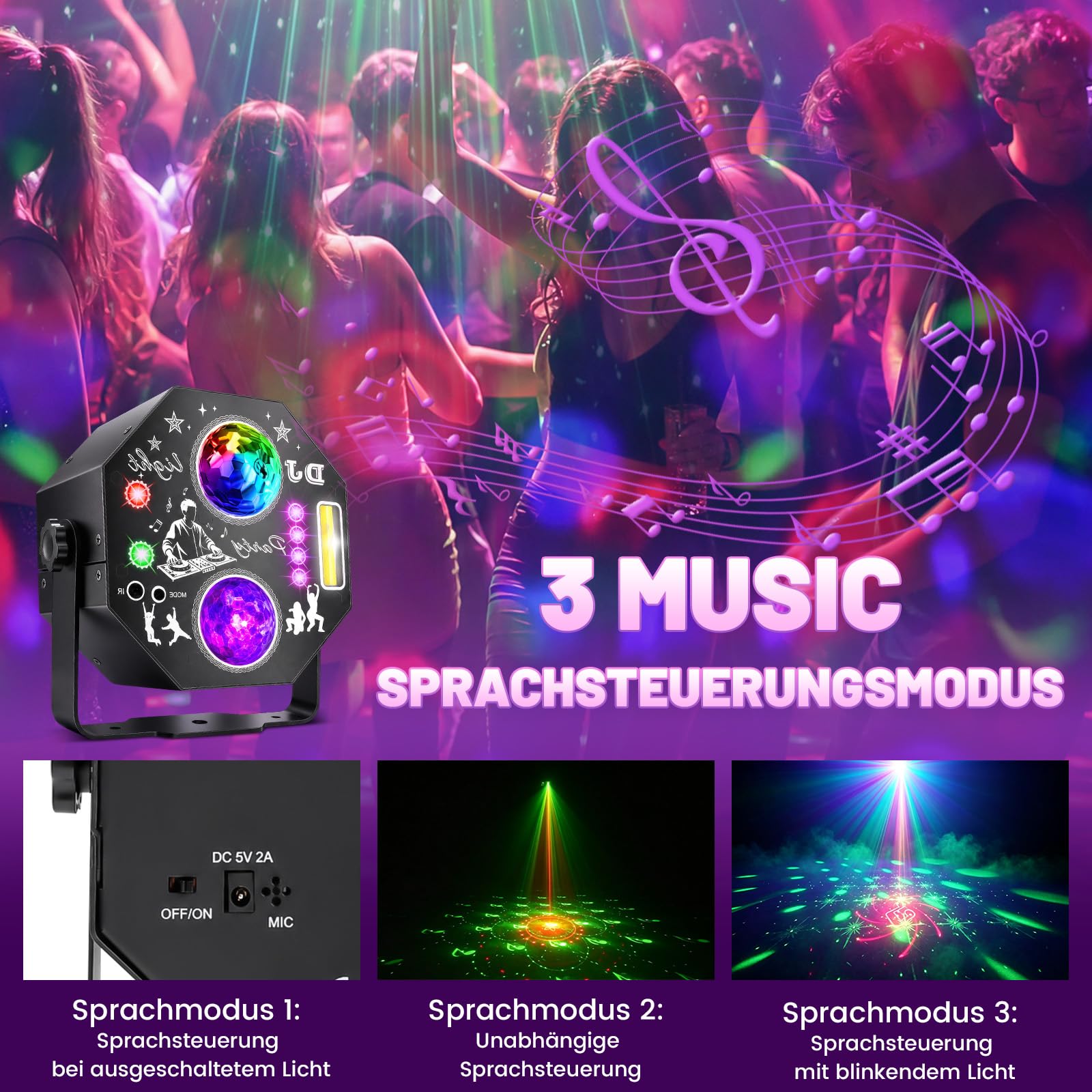 7-in-1 Discokugel, Discolicht Partylicht, 96 Muster & UV-Stroboskop