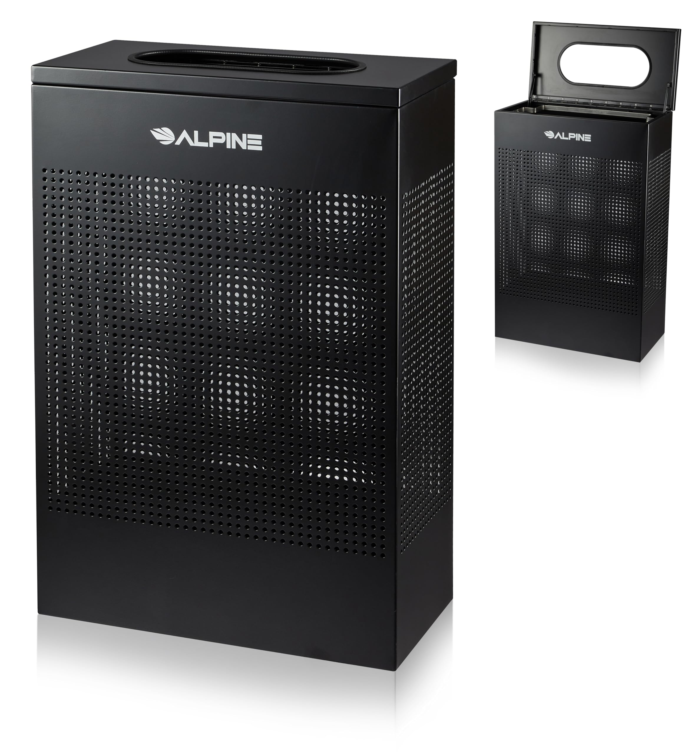 Alpine Black Commercial Trash Can - Large Perforated 13 Gallon Trash Can Open Top Modern Metal Heavy Duty