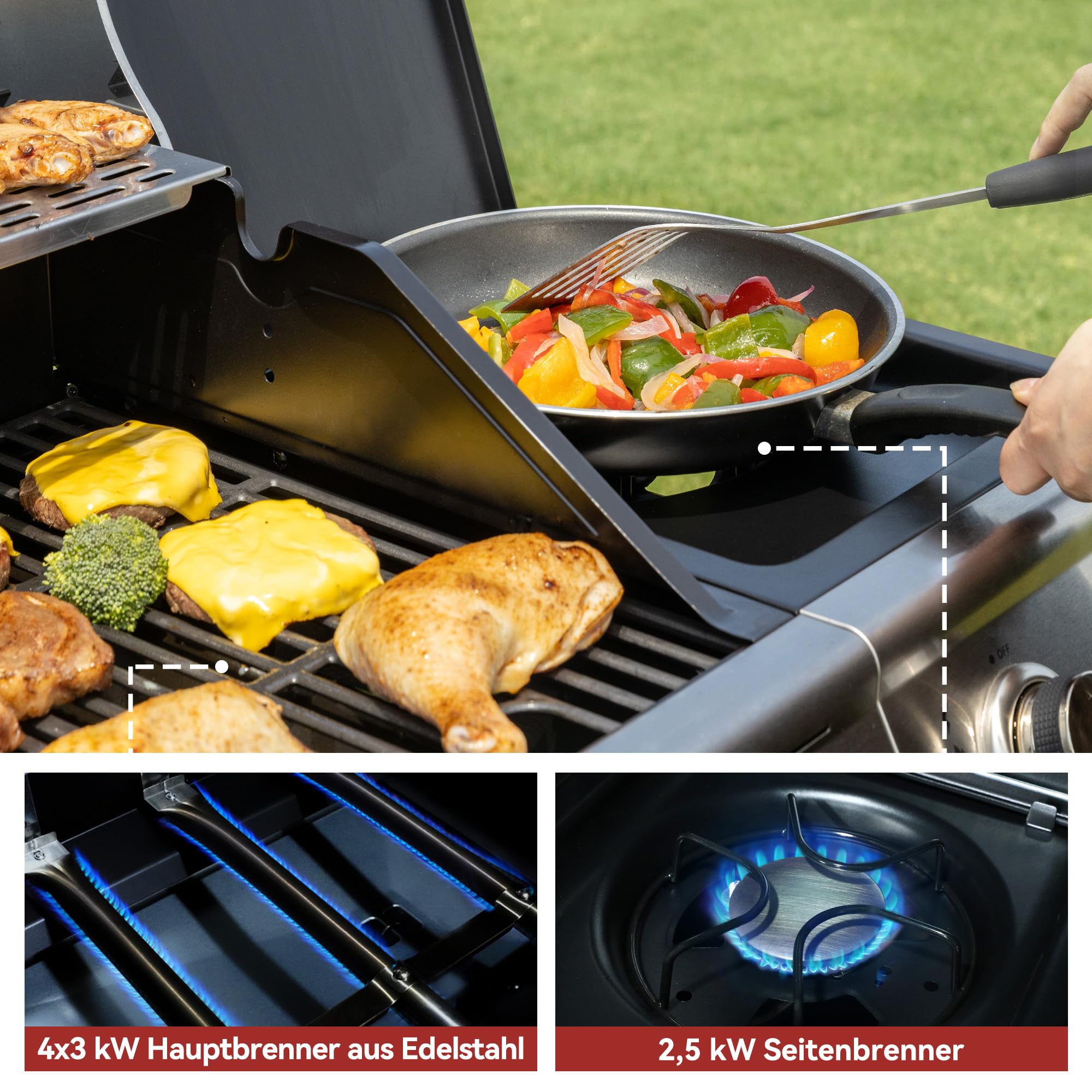 Royal Gourmet 4+1 Brenner Gasgrill Grillwagen mit automatischer Zündung,integriertem Thermometer und Unterschrank Edelstahl Brenner mit 14,5 kW Camping Gasgrill für Outdoor Barbecue Silber