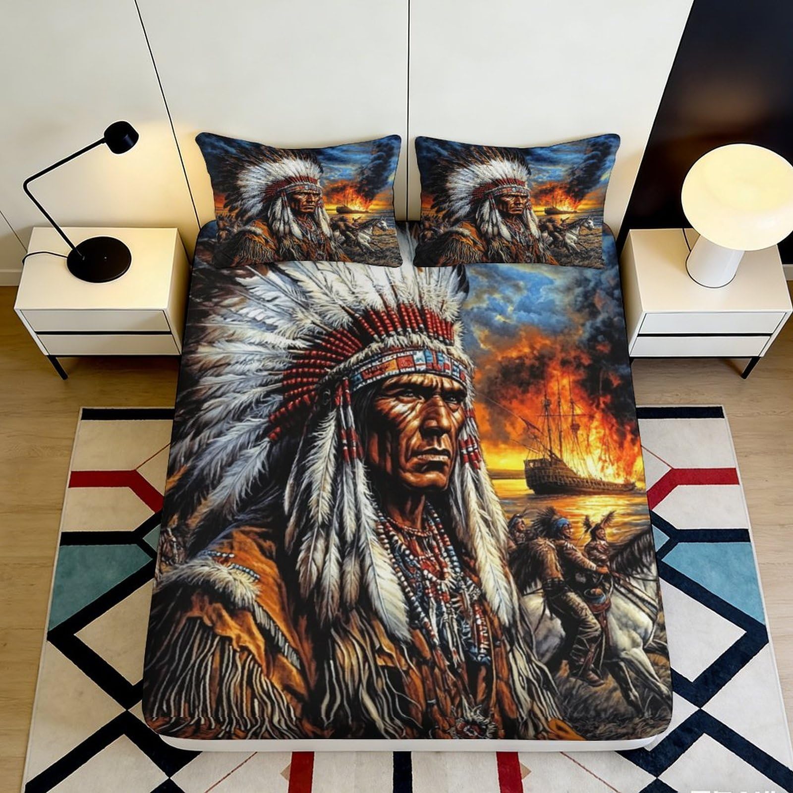3D Printed Native American Headdress Fitted Sheet Microfiber Soft Breathable Burning Ship Bed Cover for Bedroom Dormitory Guest Room Decoration 90x200x25cm