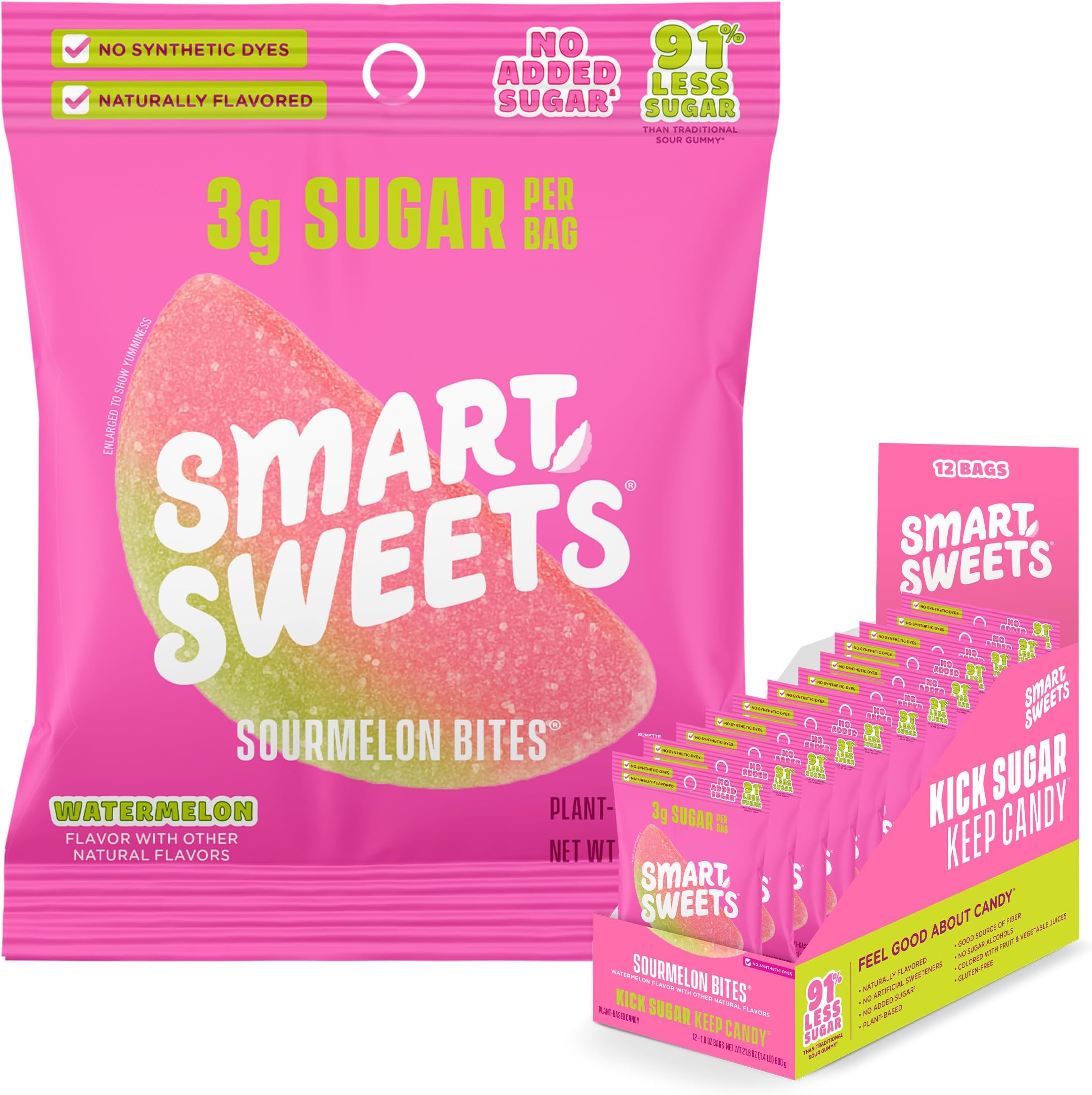 Sourmelon bites, Low Sugar Gummy Candy (3g), Low Calorie (130), Gluten-Free -1.8oz (Pack of 12) Packaging may vary | Gluten Free, Plant Based, Healthy Snacks For Adults & Kids, Fiber Candy, Sour Watermelon Flavored Gummies, Healthy Candy