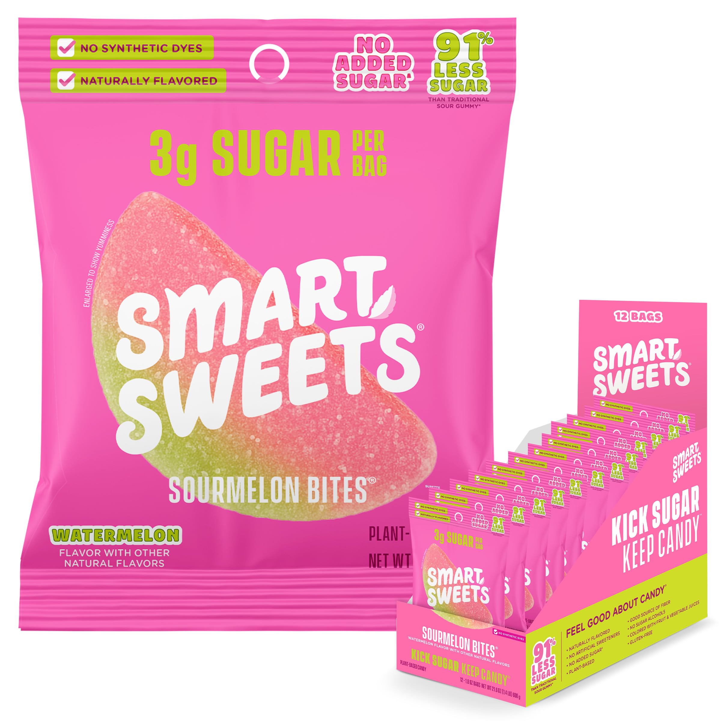 SmartSweets Sourmelon Bites, Low Sugar Sour Gummy, 1.8oz Bags, 12 Pack