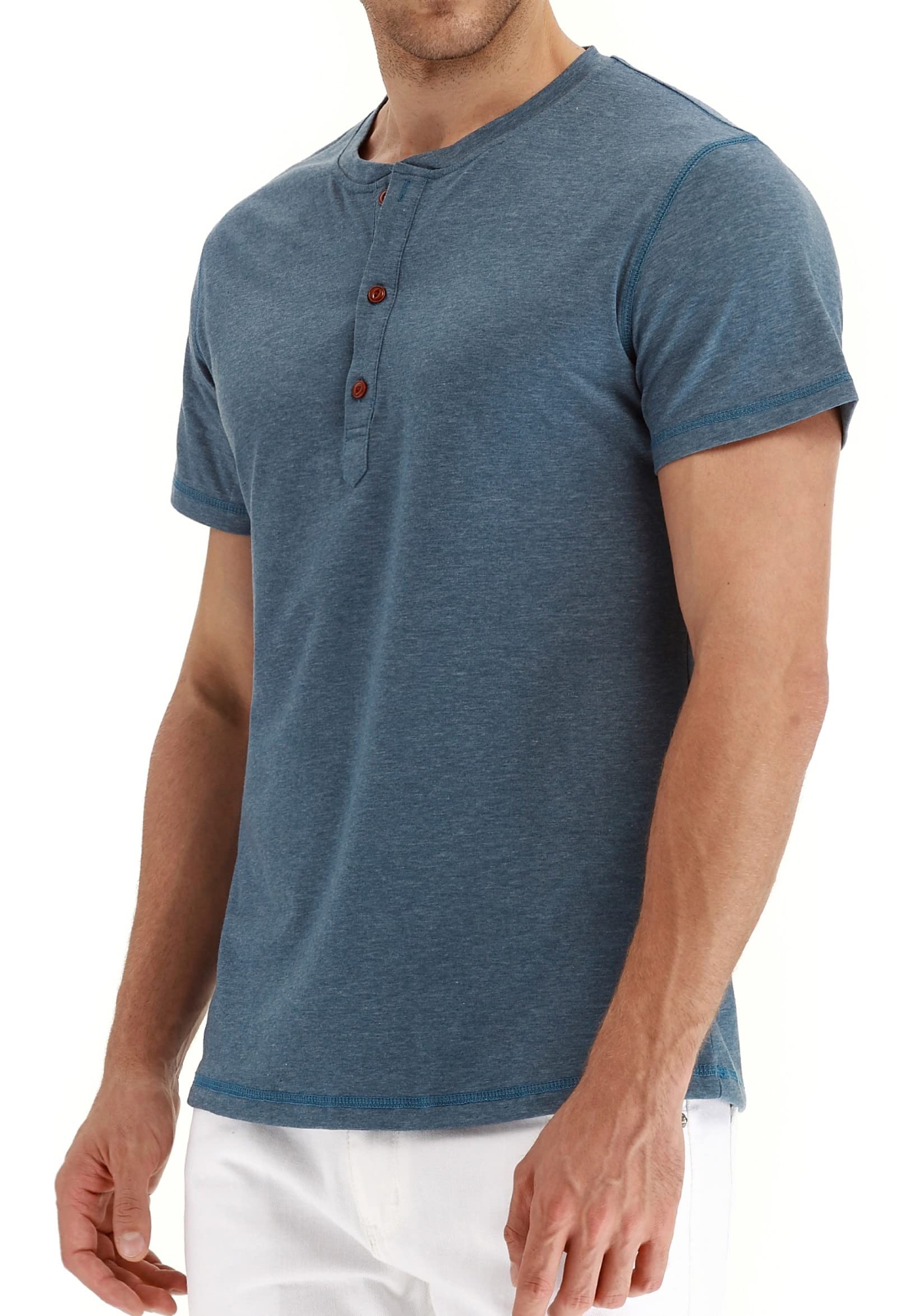 Hisir Tee Shirt Homme en Coton Henley T-Shirt Col Rond avec Manches Courtes et Longues Col Tunisien et Boutons pour Homme
