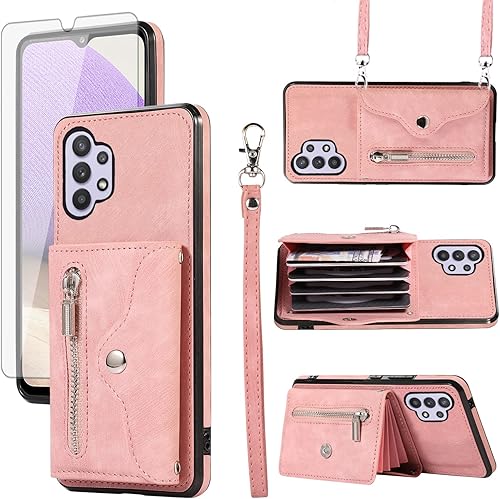 Miniatura 9 de Funda de teléfono para Samsung Galaxy A32 5G 2021 de 6.5 pulgadas con correa cruzada para muñeca, cordón, soporte para tarjeta de crédito,