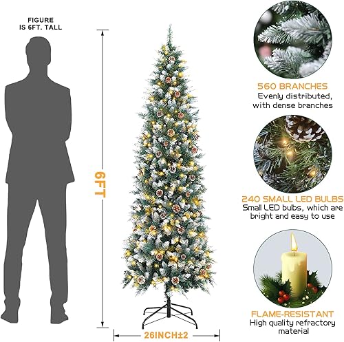 Miniatura 3 de Árbol de Navidad delgado preiluminado de 6 pies, árbol de Navidad artificial con luces blancas cálidas, árbol de Navidad delgado de copo de nieve