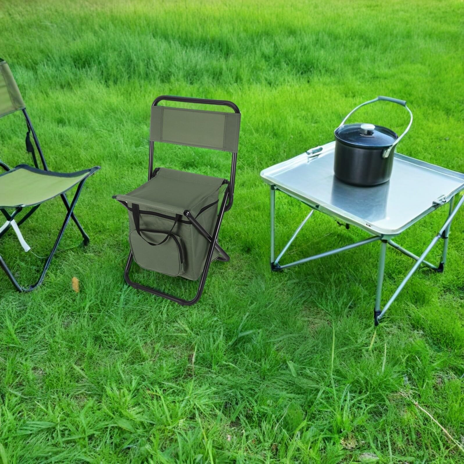 Sedia Portatile da Escursionismo Pieghevole con Schienale e Borsa Termica Integrata Sgabello Leggero da Pesca per Campeggio Picnic e Attività All’Aperto Trasporto Compatto e