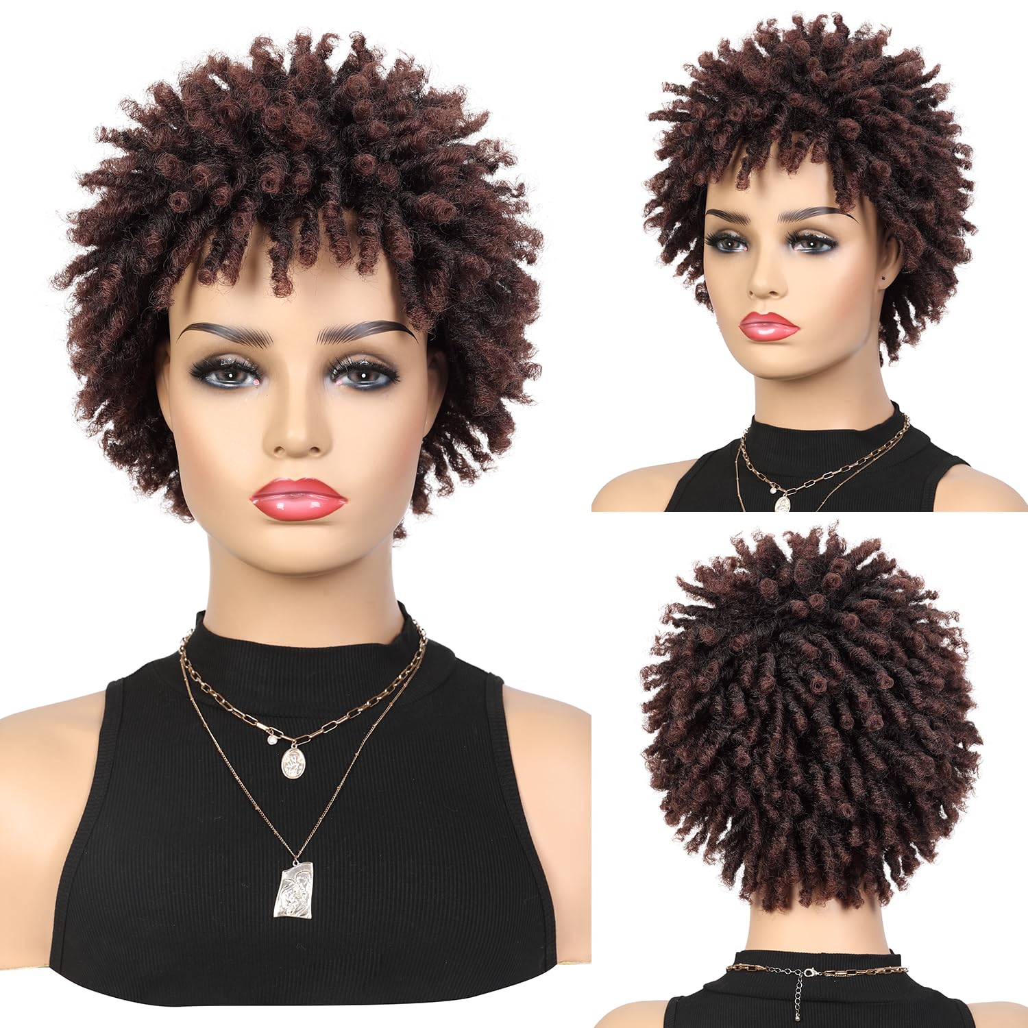 Lady Hanne Short Dreadlock Wig Short Afro Curly Braided Wigs for Black Women Faux Locs Twist Braiding Ombre Brown Synthetic Hair Wigs 6 Inches