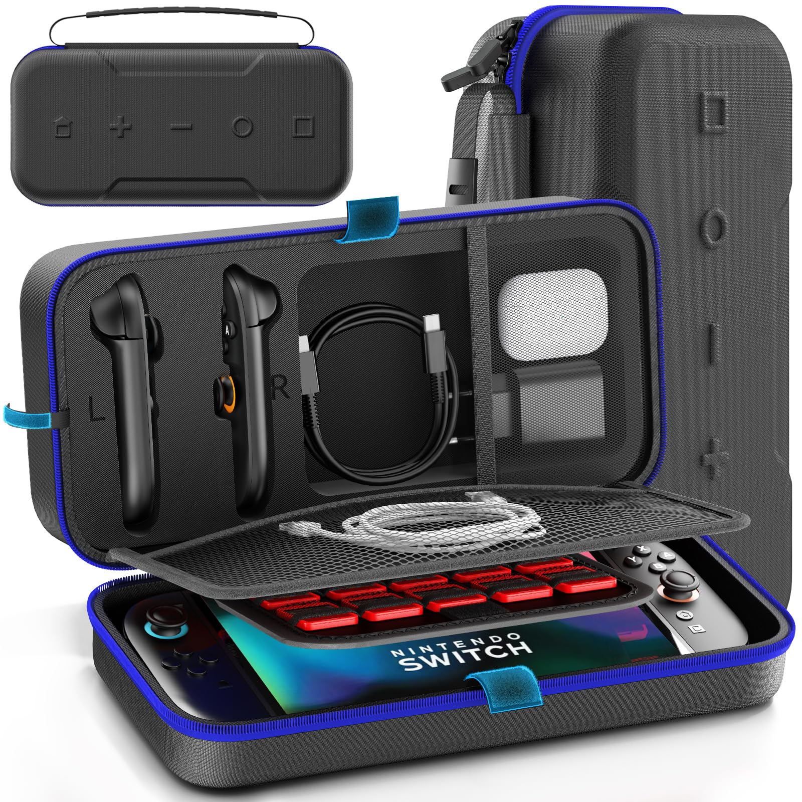 OIVO Switch Tasche für Nintendo Switch/OLED/2 Modell, große Tragetasche für Joycon und EU Netzteil, Harte Hülle mit Aufbewahrung für 26 Spiele & Zubehör, Blau