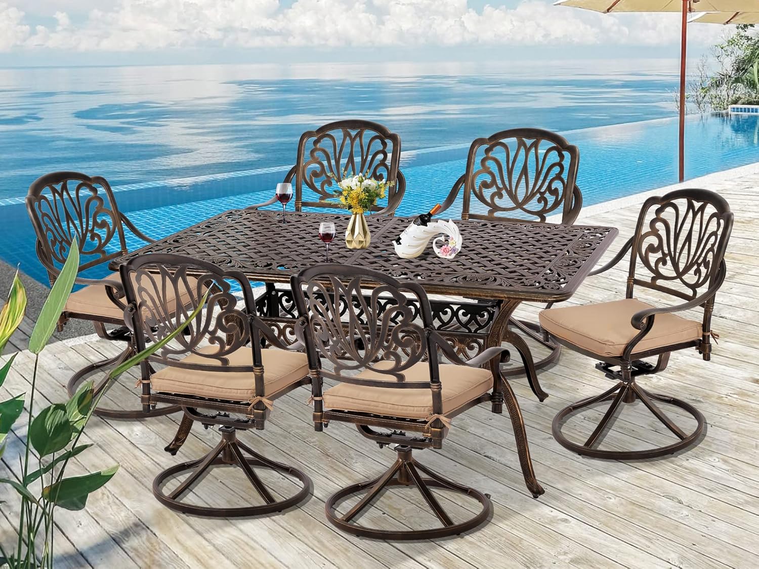 Grepatio Patio Dinning Swivel Chairs Set of 2, Outdoor Swivel Rocker 2 Chairs Furniture, Cast Aluminum Dining Chair Set with Cushion for Garden Backyard Antique Bronze (Khaki)
