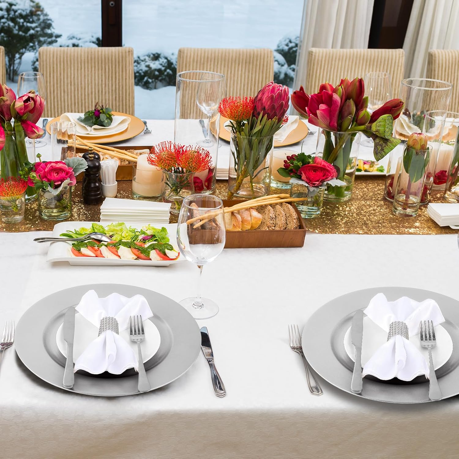 200 Pieces Charger Plates Bulk with Napkin Rings,Simple Style,Silver image 4