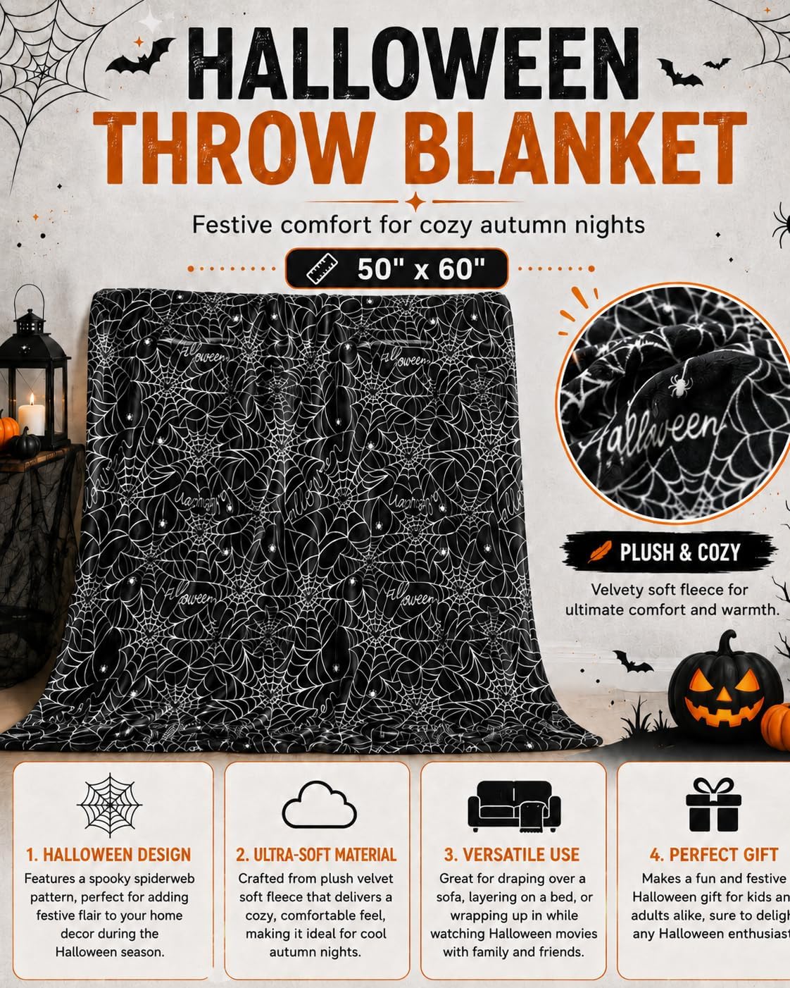 Halloween Fleece Throw Blanket: Spiders Webs on Black 50" x 60"