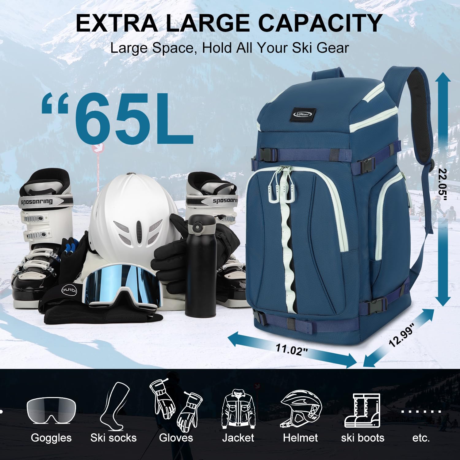 Mochila para Botas de Esquí 65L con Compartimento para Casco, Snowboard