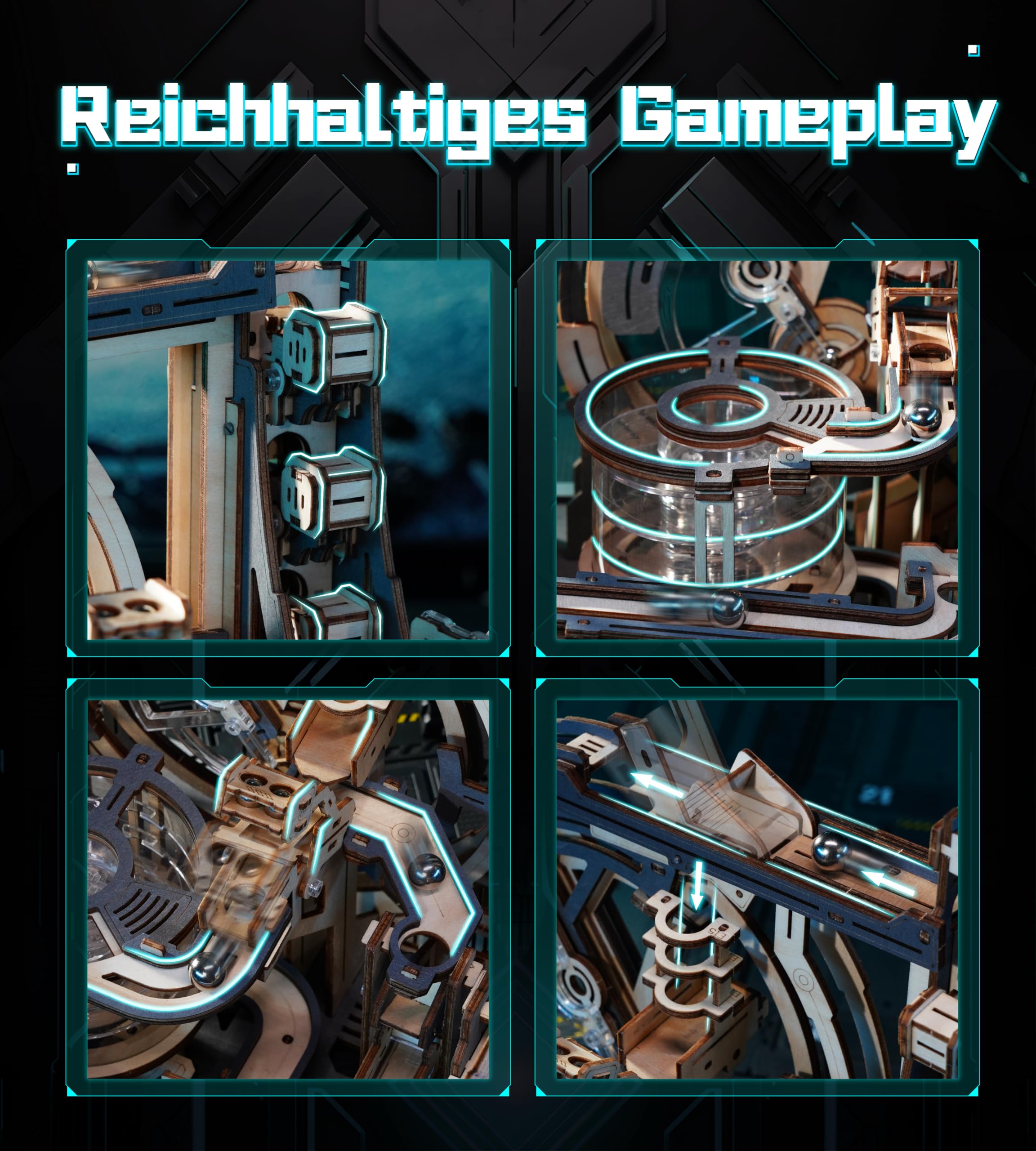ROKR 3D Puzzle Erwachsene Elektrische Kugelbahn,Marble Spaceport 3D Wooden Puzzle,Night City 2.0,Geschenkidee für Männer(LGC01)