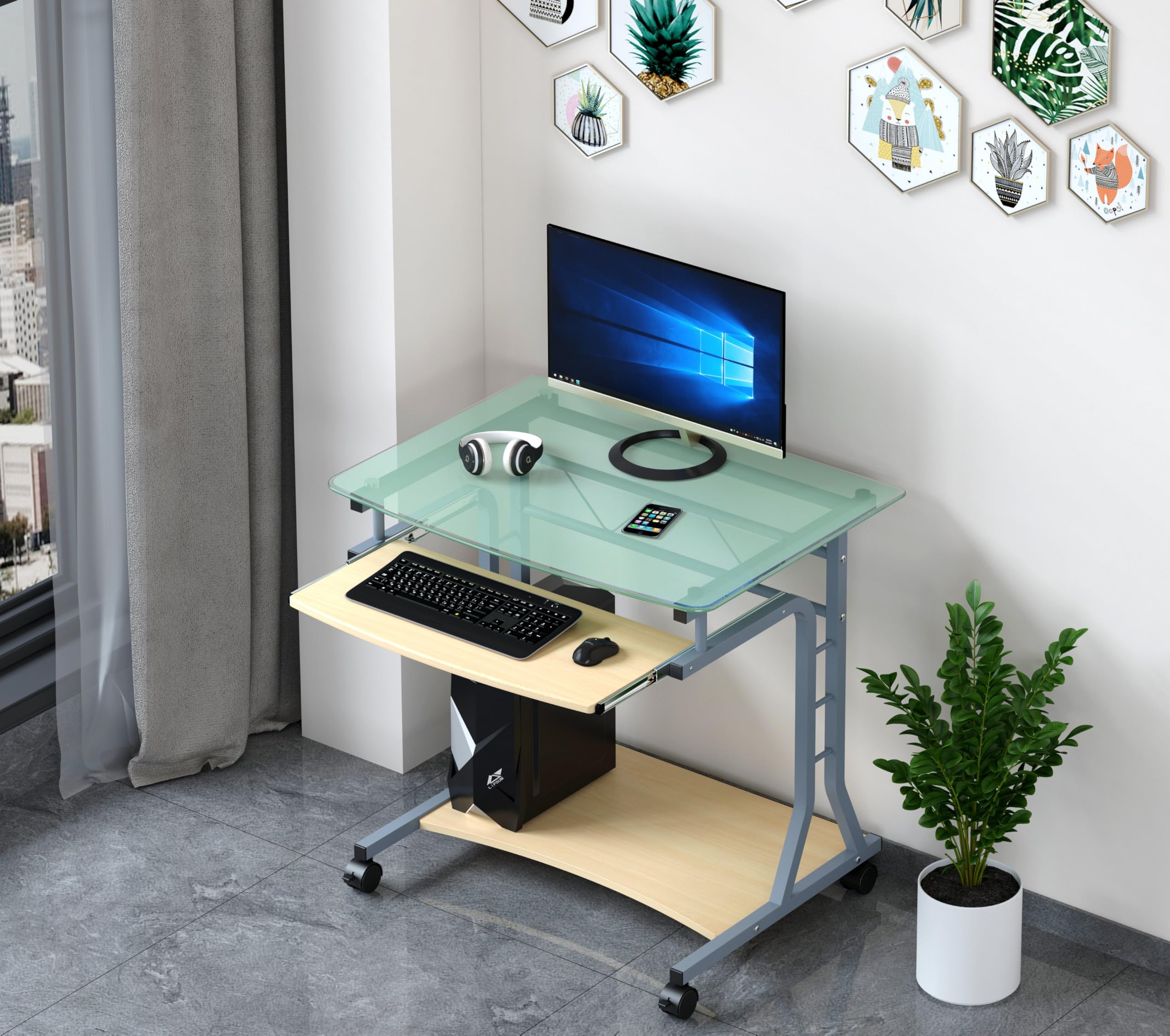 Equipo original de escritorio para PC compacto de metal y vidrio con ruedas