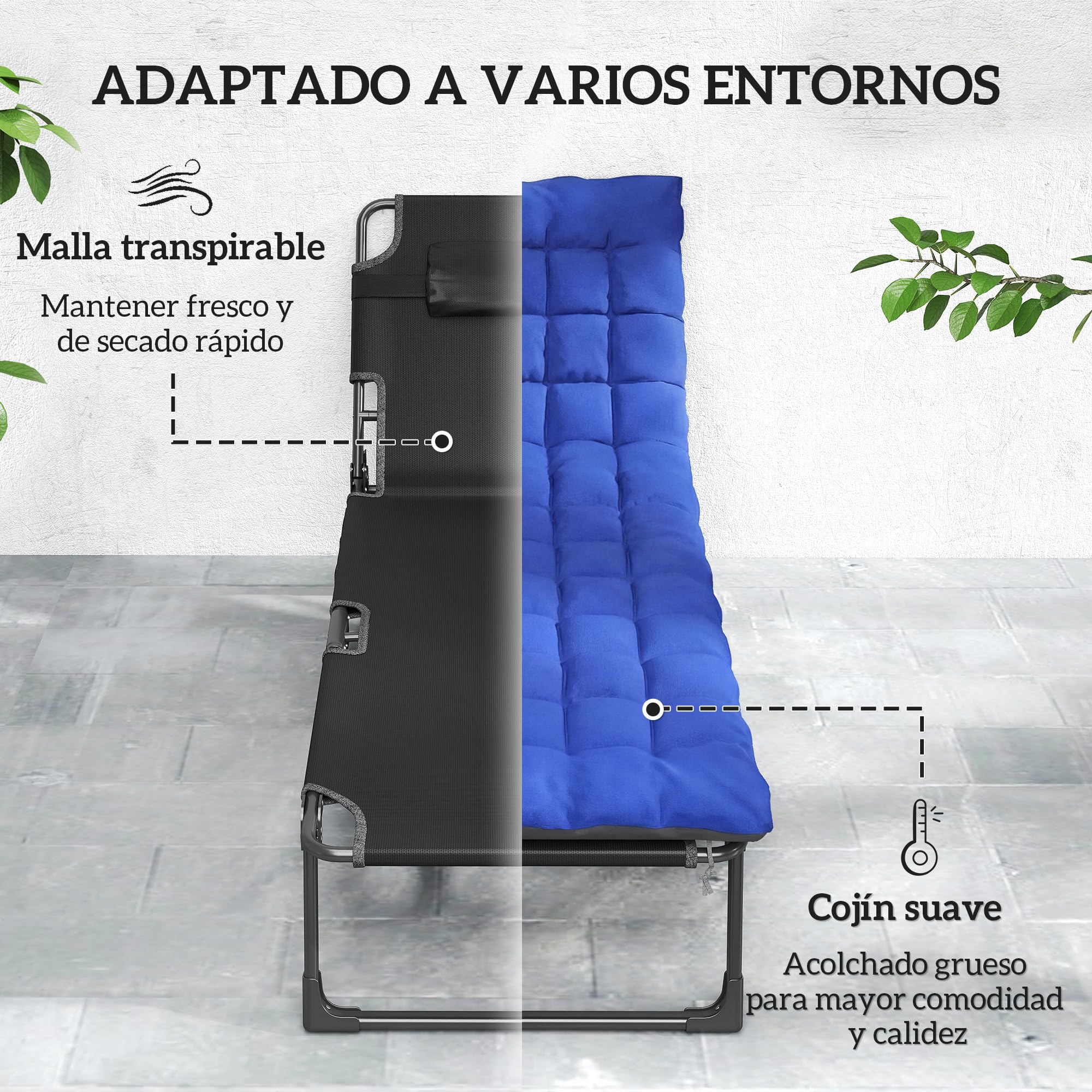 Outsunny Set de 2 Tumbonas Jardín Exterior Plegables Cojines Azul | Respaldo Reclinable 5 Posiciones, Asiento Extra Ancho de Textilene, Bolsillo Lateral, Reposacabezas, para Playa