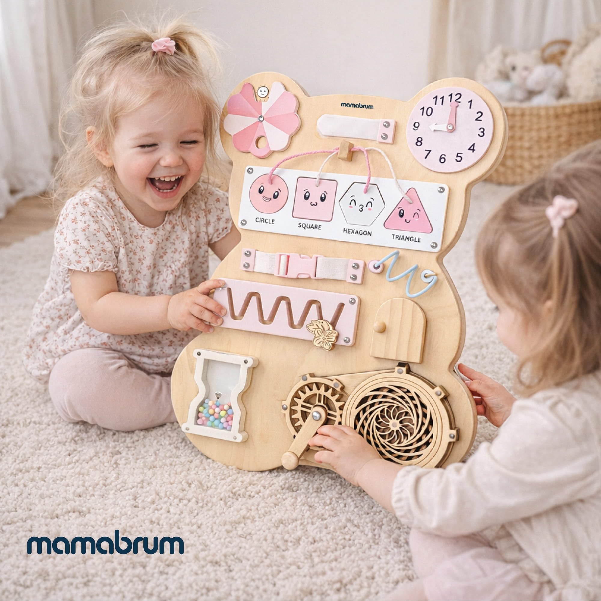 mamabrum Orsacchiotto sensoriale in Legno, 10 in 1, Giocattolo educativo Montessori per Bambini, Naturale/Rosa, abilità motorie e creatività, 29,8 × 39 × 7 cm