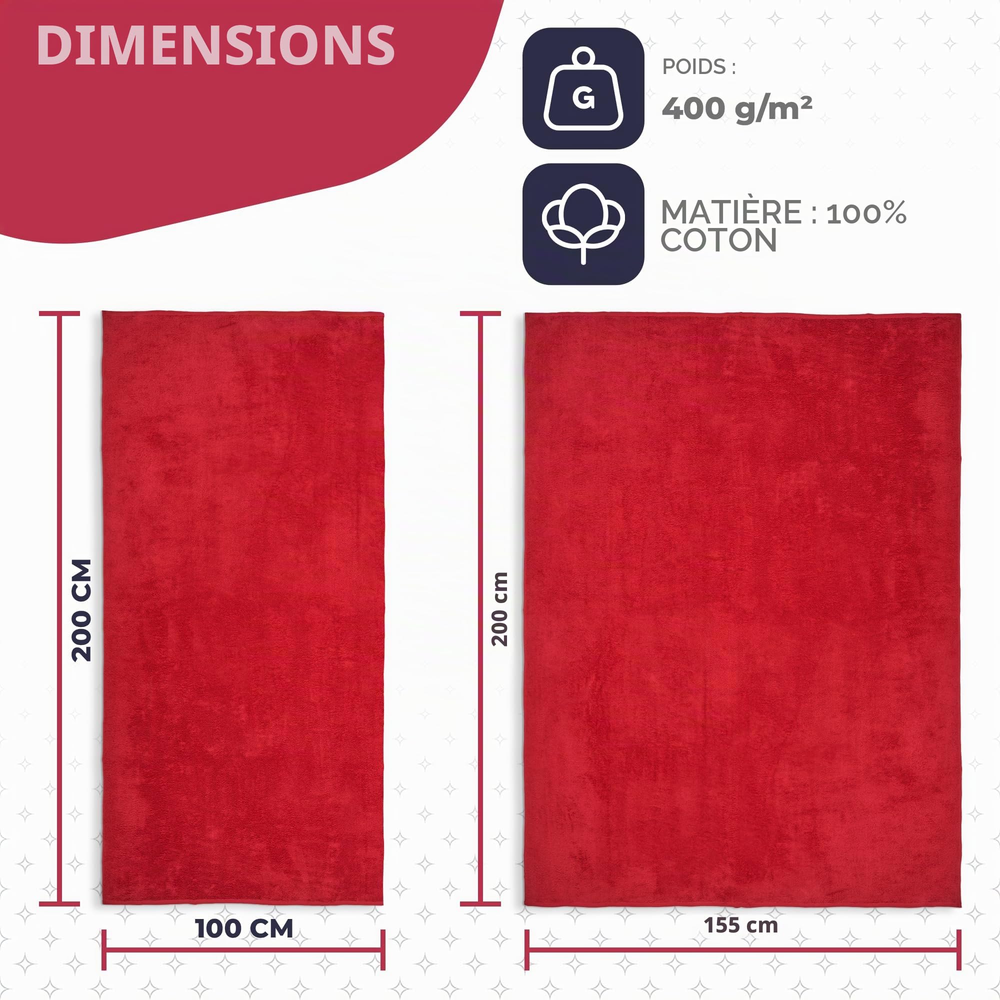 Serviette XXL | Bain | Sauna | Plage | Grande Taille 100x220cm et 155x220cm avec Ouvre-Bouteille | Rouge