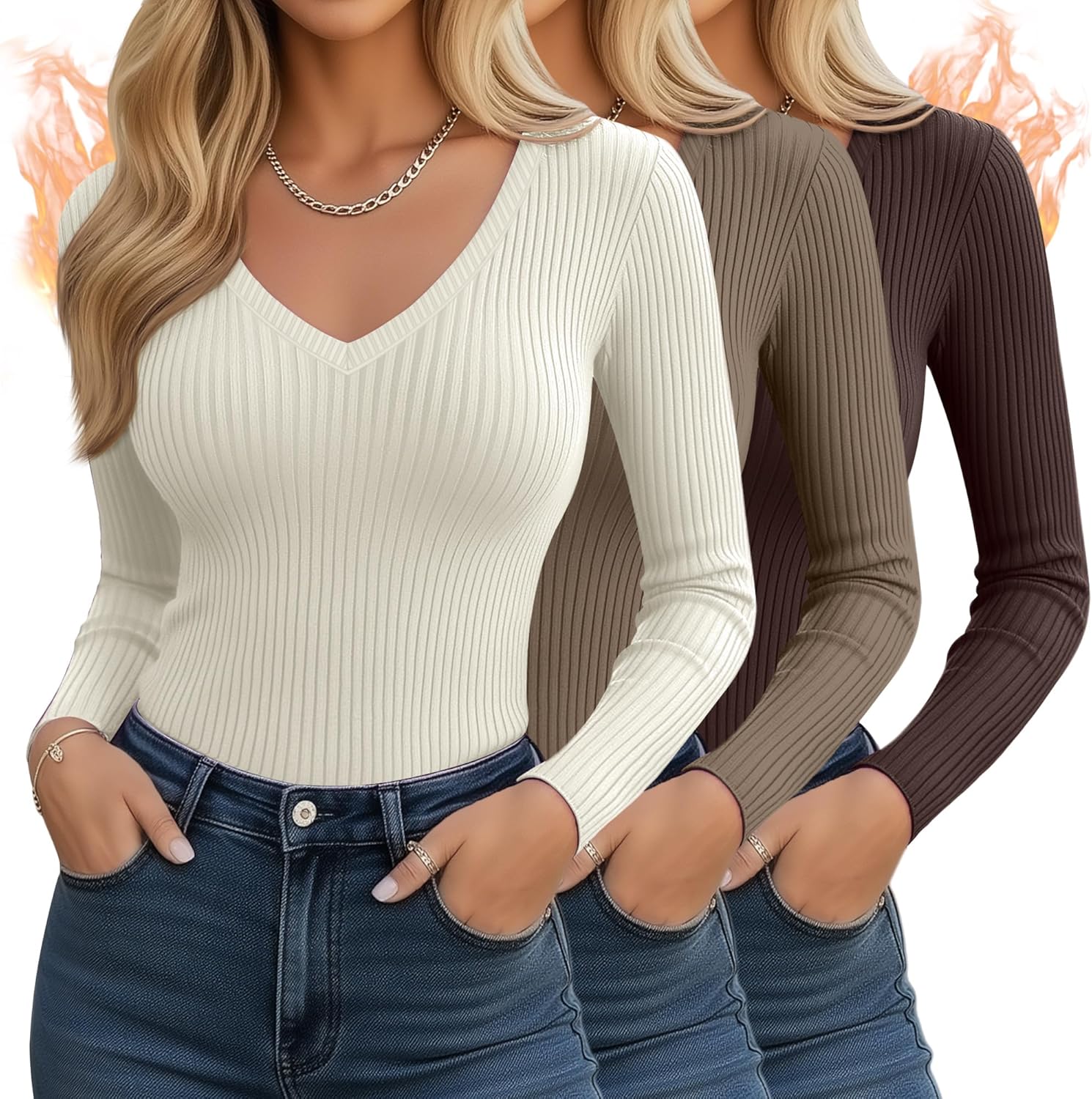 3 Pack Women's Ribbed Long Sleeve V Neck Tops Thermal Undershirt Fall Winter Stretch Slim Fitted Basic Tee Shirts