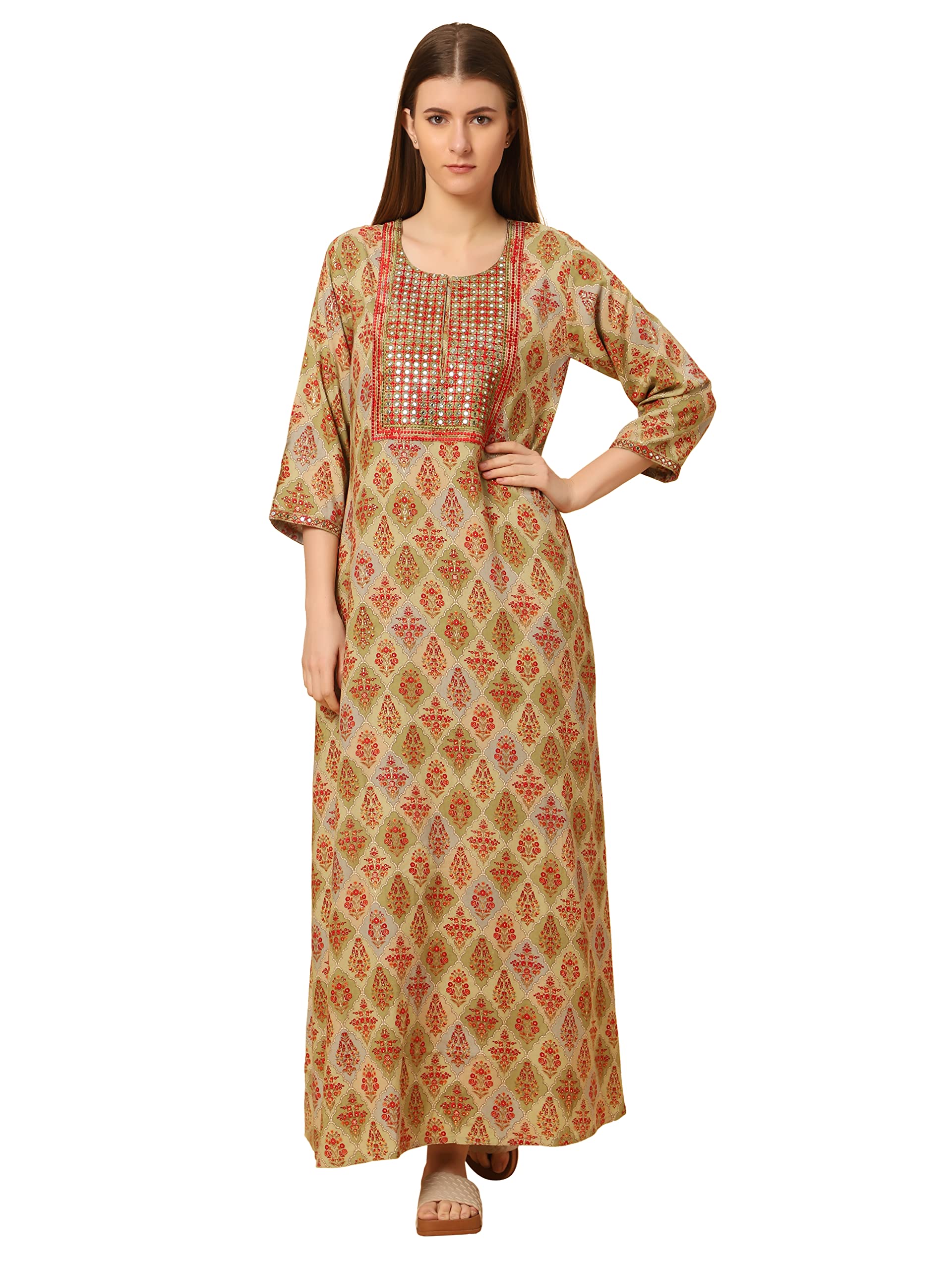 sanaa Women's Full Length Elegant Embroidered Rayon Nighty with Pockets (EN-65)