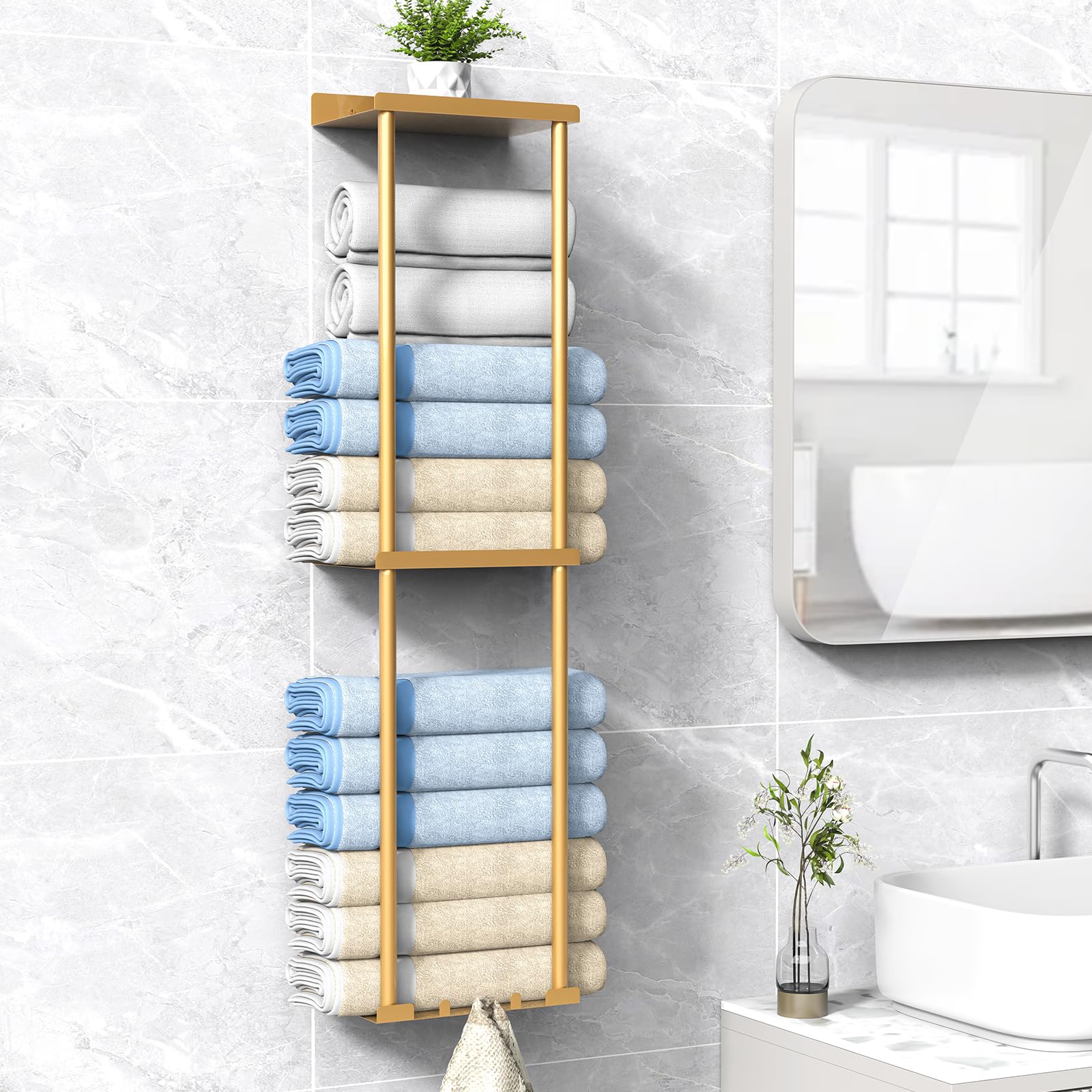 Towel Rack for Bathroom, Wall Mounted Vertical Rolled Towel Storage Organizer Holder with Shelf, Holds Up 6 Large Bath Sheets, Gold