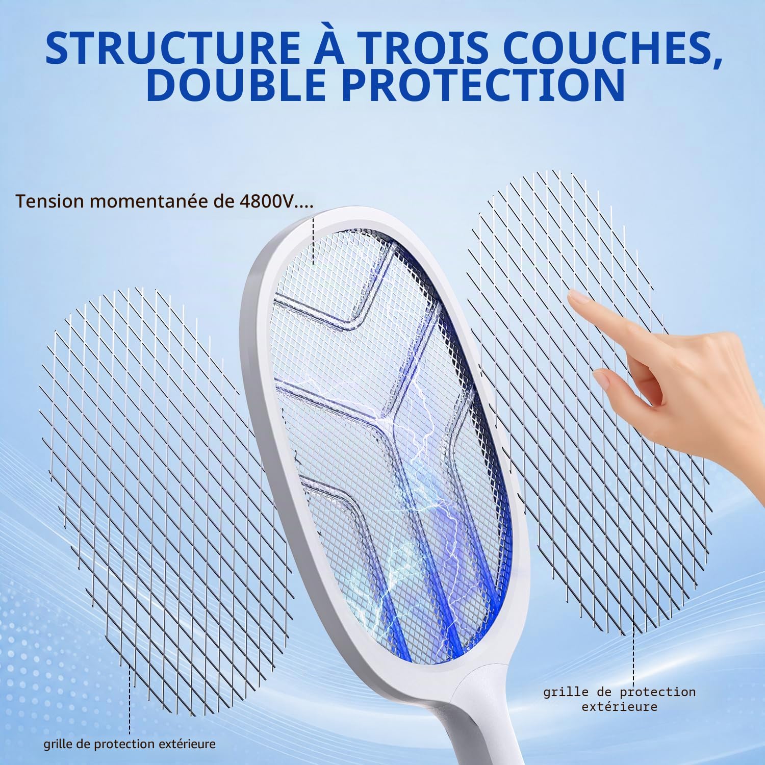Raquette Electrique Insectes 4800V Tapette Moustique avec Piège Lumière UV Rechargeable USB 2000mAh Blanc