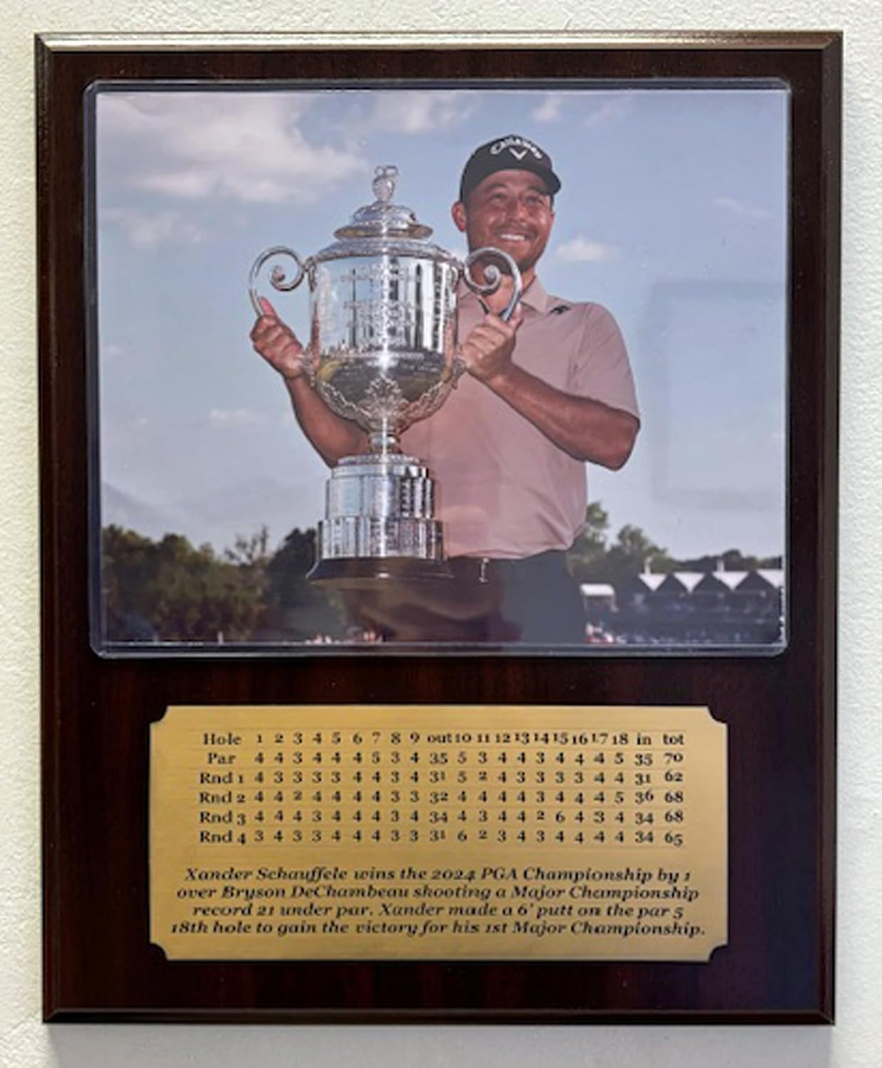 Xander Schauffele 2024 PGA Championship 8x10 Photo Plaque with an Engraved 4 Round scorecard nameplate.