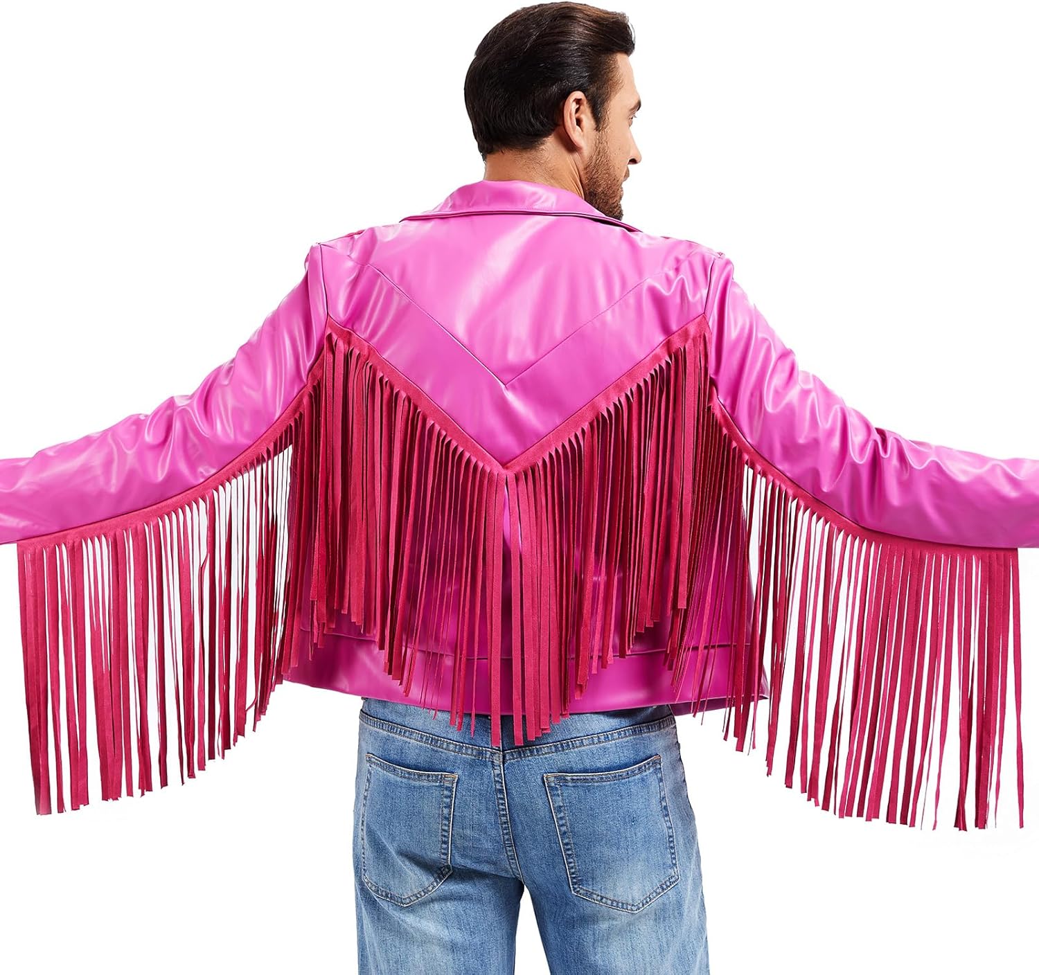 Halloween Cosplay Western Cowboy Jacket - Men’s Faux Leather Fringe Costume, Pink Cowboy Fringe Jacket for Themed Parties - Image 2