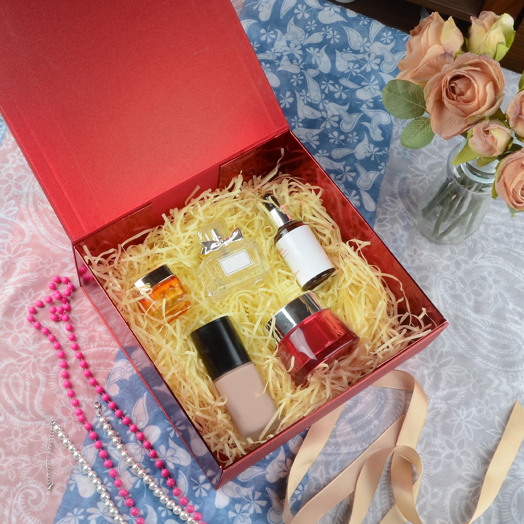 LumyHavver Gift Box 9.65x9.65x3.6 Inches, Red with Magnetic Lid, Collapsible with Ribbon, Raffia Grass, Card, for Birthdays, Christmas, or Parties, Gift Packaging