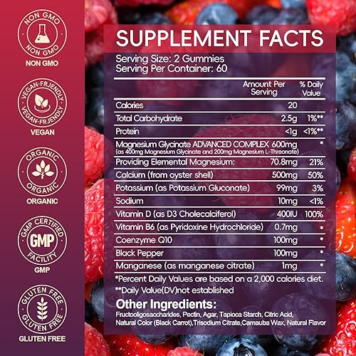 Miniatura 2 de Gomitas de Glicinato de Magnesio 600mg de Alta Absorción, Glicinato de Manganeso para Mujeres y Hombres con Vitamina D, B6 y CoQ10 para Adultos y