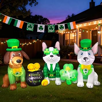 7FT Long St. Patricks Day Inflatables Outdoor Decorations Blow Up Inflatable Yard Decorations with LED Light Spring Green St. Patricks Cute Dog Shamrock Outside Holiday Party Garden Lawn Decor