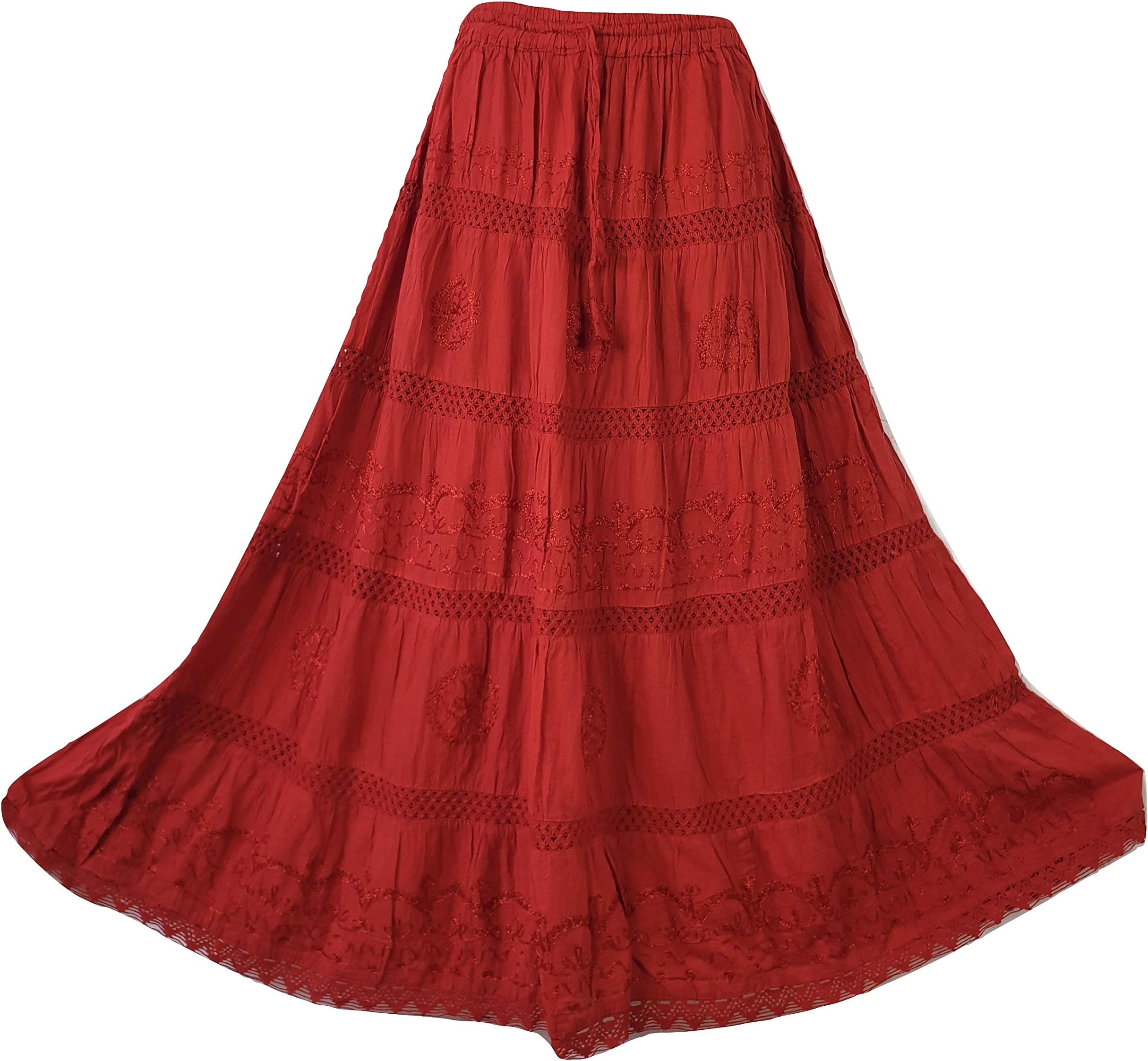 Women Cotton Maxi Full Length Skirt Embroidered Boho Casual Festival Summer UK 8 10 12 14 16