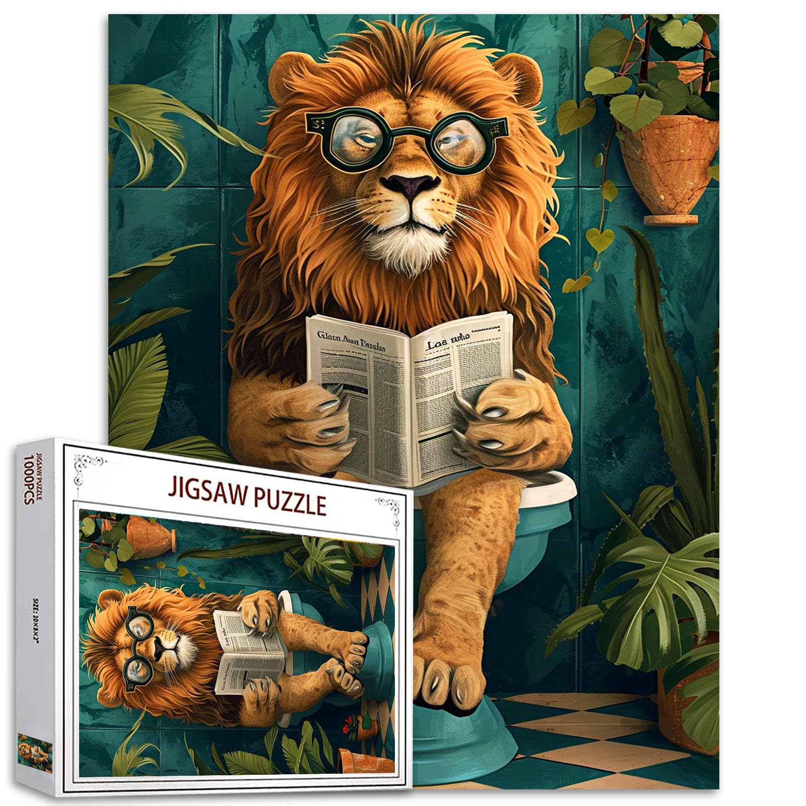 Tucocoo Funny Lion Newspaper Puzzles for Adults, 1000 Pieces, Animal Toilet, Tropical Plant, Bathroom, Art, DIY Puzzles for Home Decor, Gifts, Family Challenging Puzzle — image 1
