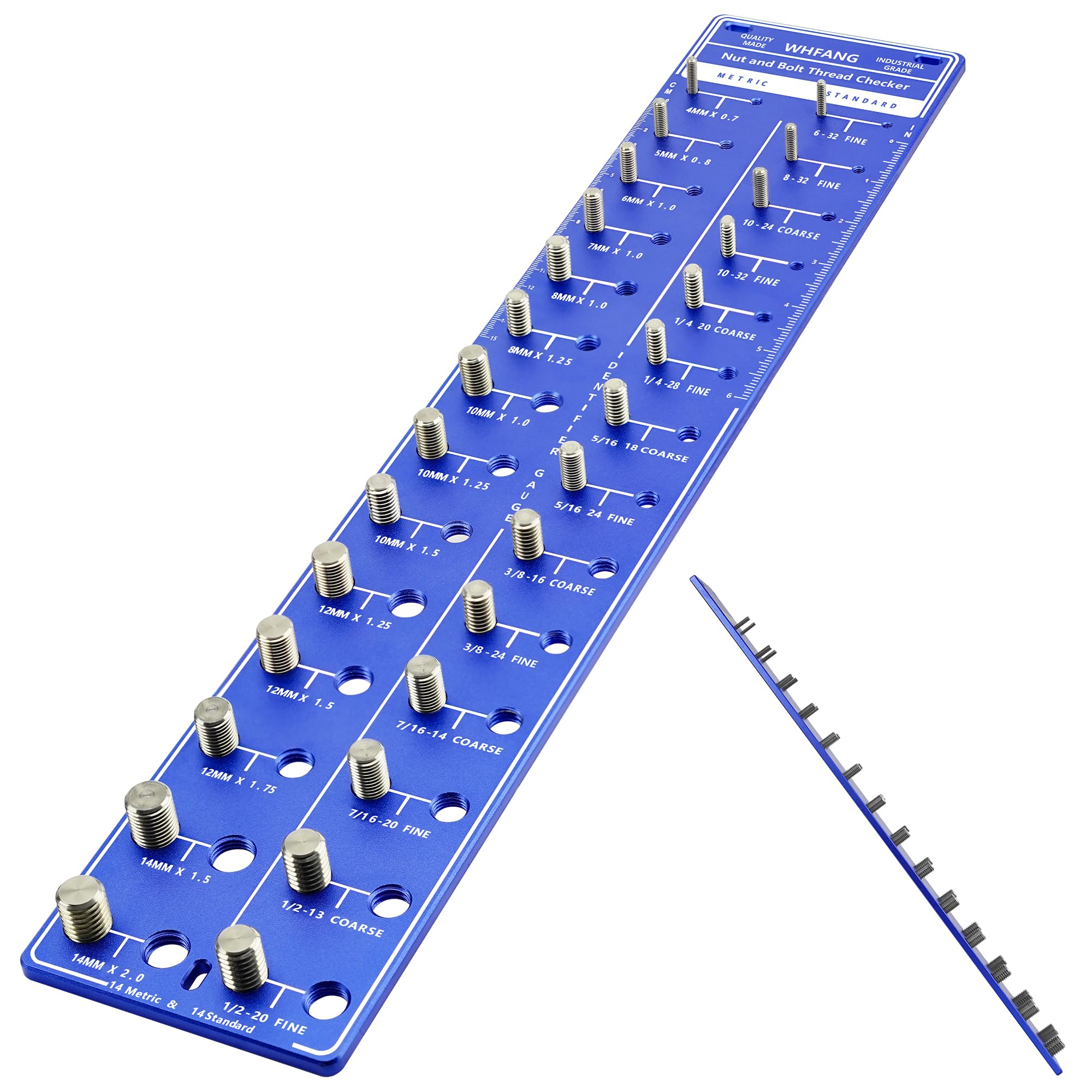Dasunwat Nut and Bolt Thread Checker, 14 Metric & 14 Standard Sizes, Identibolt Bolt Nut Identifier Gauge with Inch and Centimeter Ruler, Solid Aluminum Bolt Size and Thread Gauge, Hang or Flat, Blue